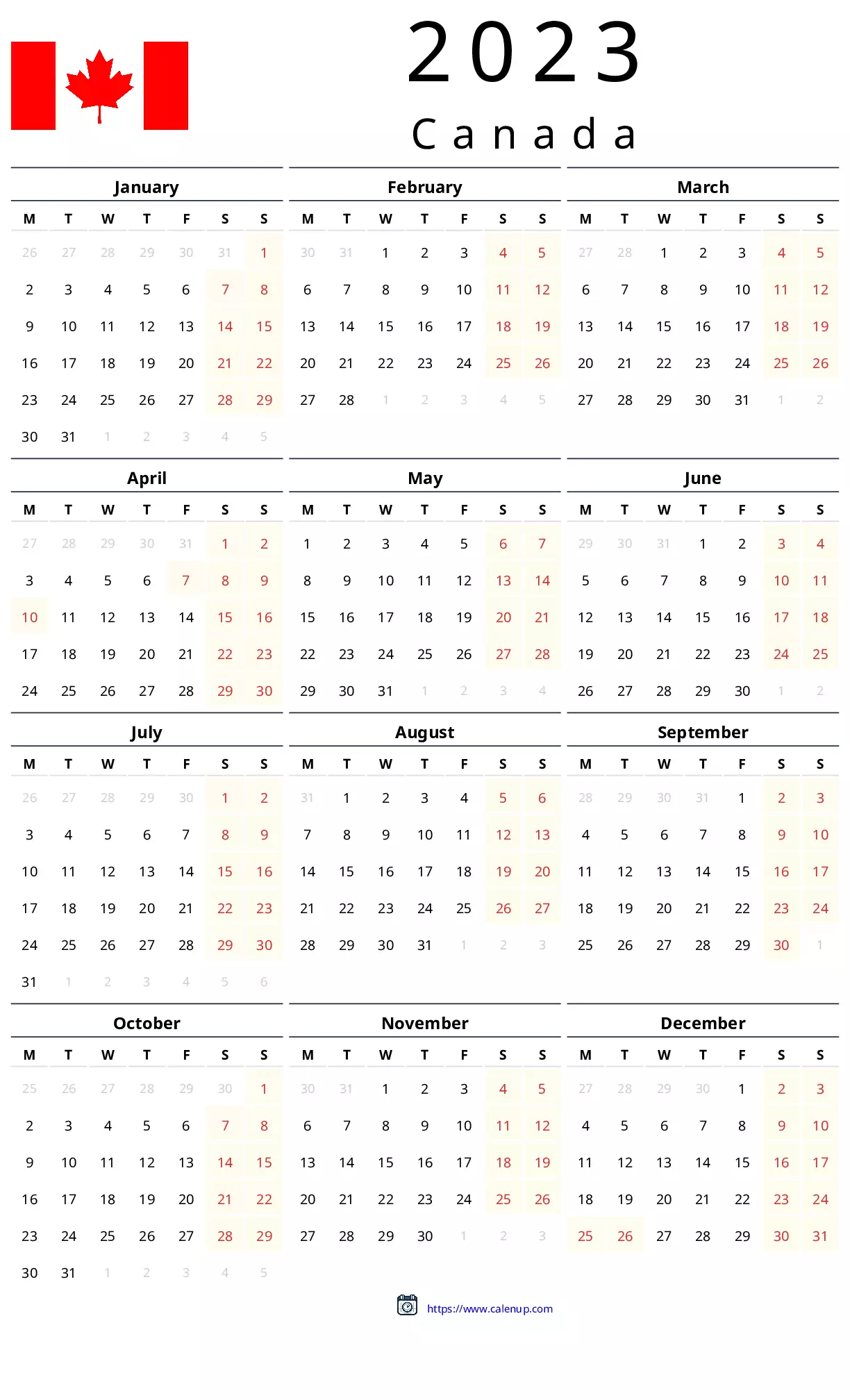 2023 Calendar With Holidays For Canada Printable PDF And Excel CalenUP