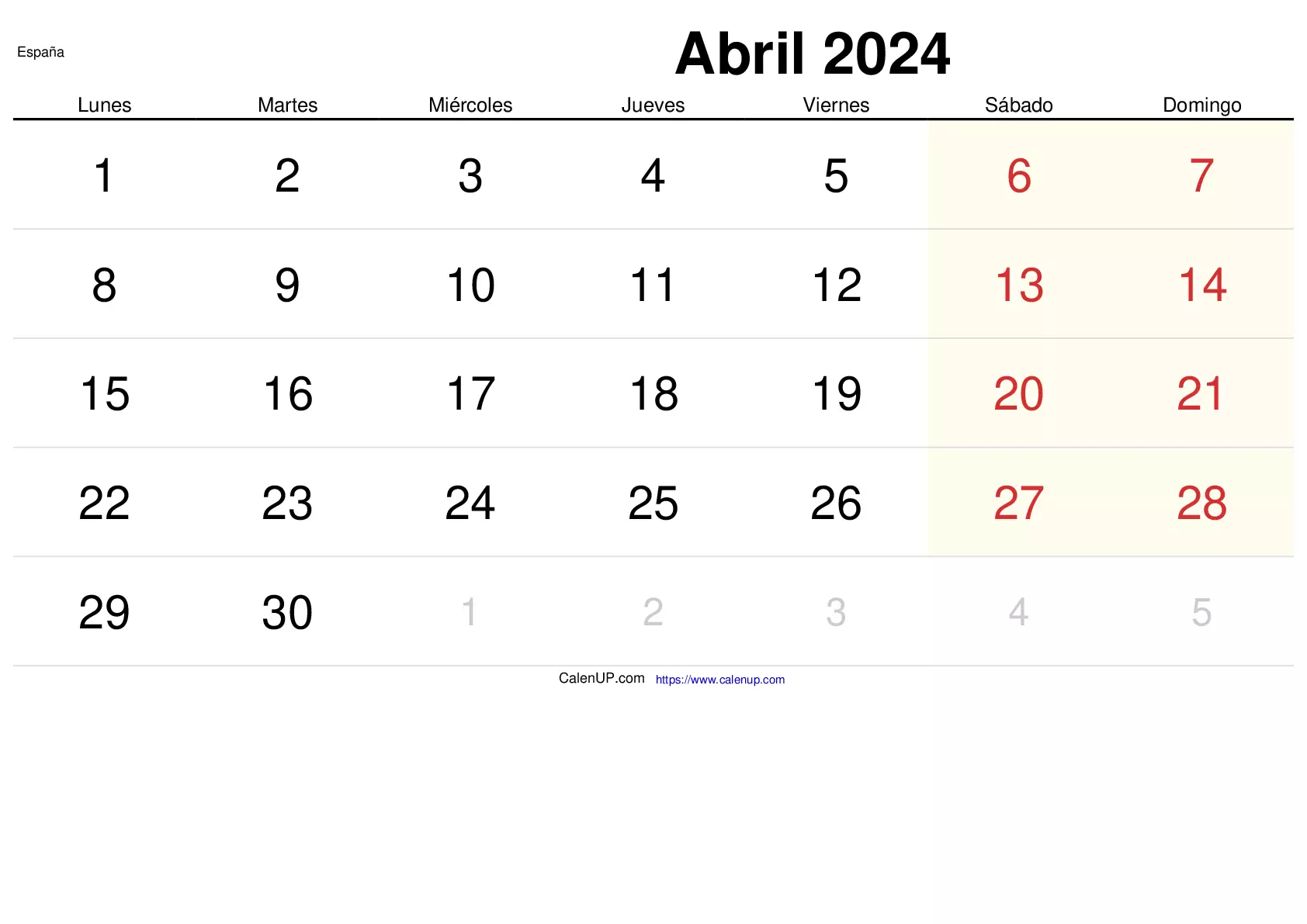 Calendário de Abril de 2024 para Imprimir Espanha CalenUP