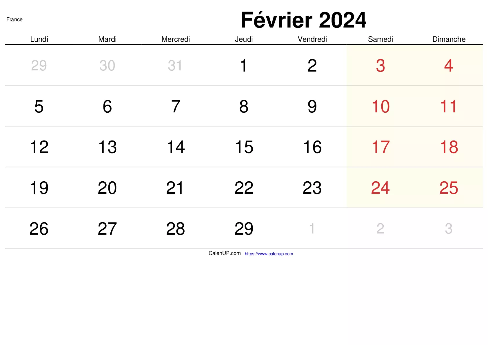 Calendrier Imprimable Février 2024 pour France CalenUP