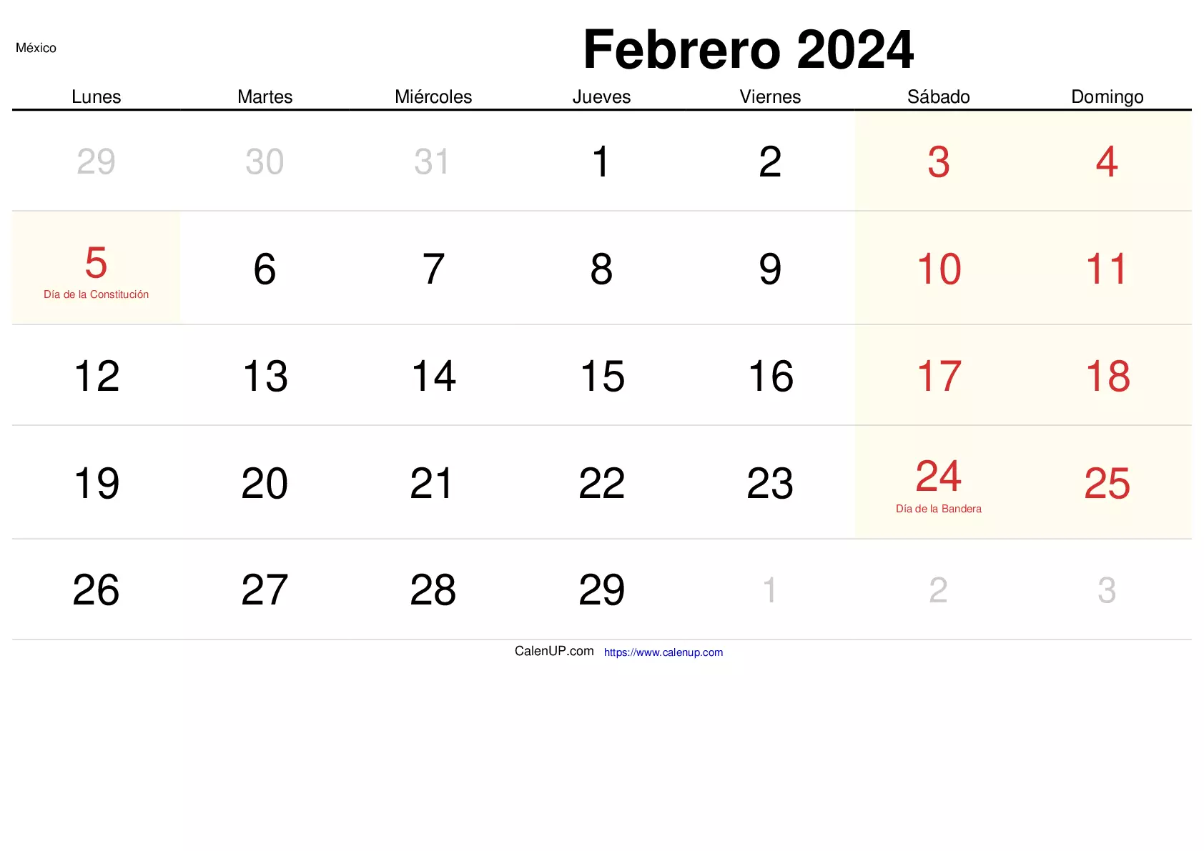 Calendário de Fevereiro de 2024 para Imprimir México CalenUP