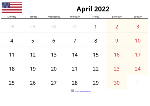 Calendrier Avril 2022