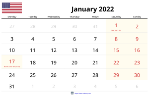 Calendrier Janvier 2022