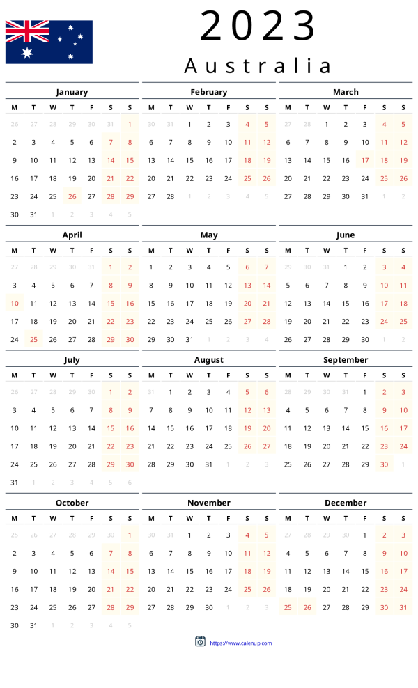 2023 Calendar Printable with Holidays for Australia | CalenUP