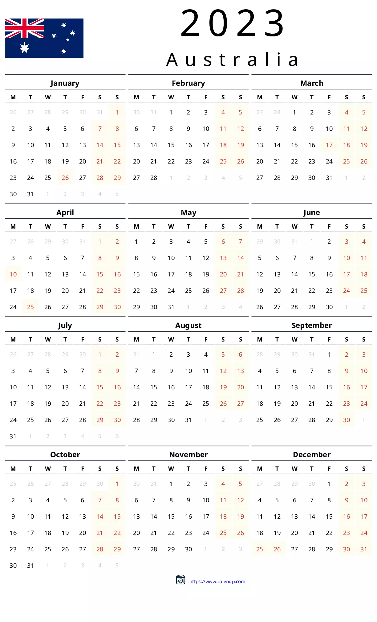 2023 Calendar Printable with Holidays for Australia | CalenUP
