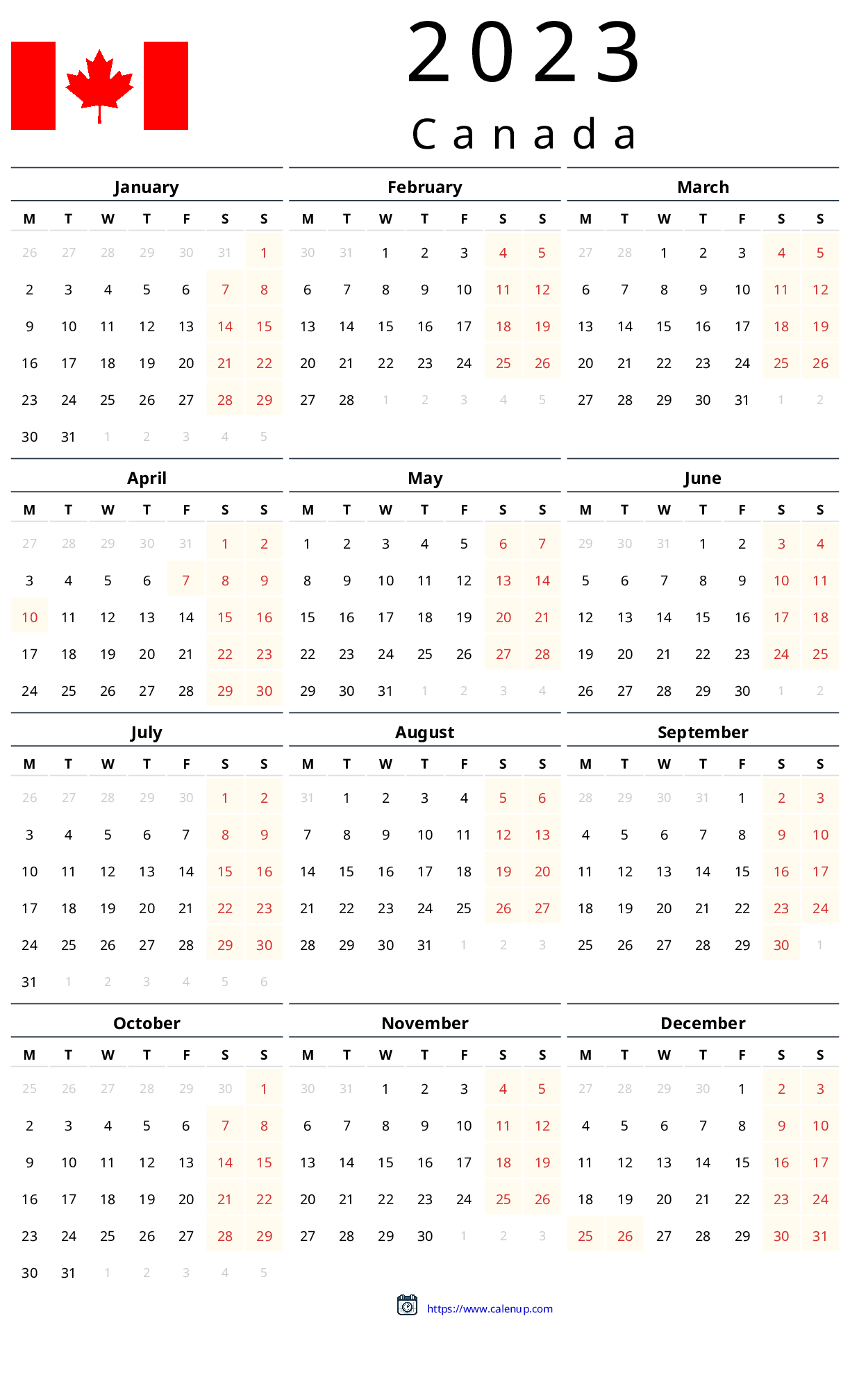 2023 Calendar with Holidays for Canada – Printable PDF and Excel | CalenUP