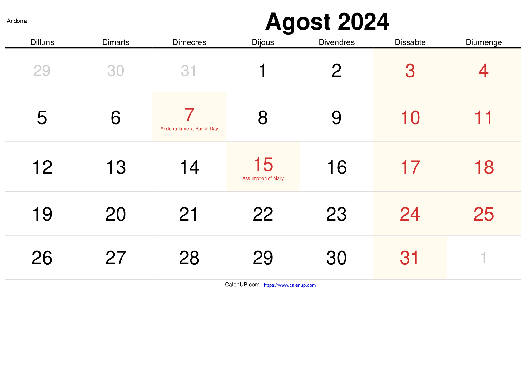 Calendari Agost 2024