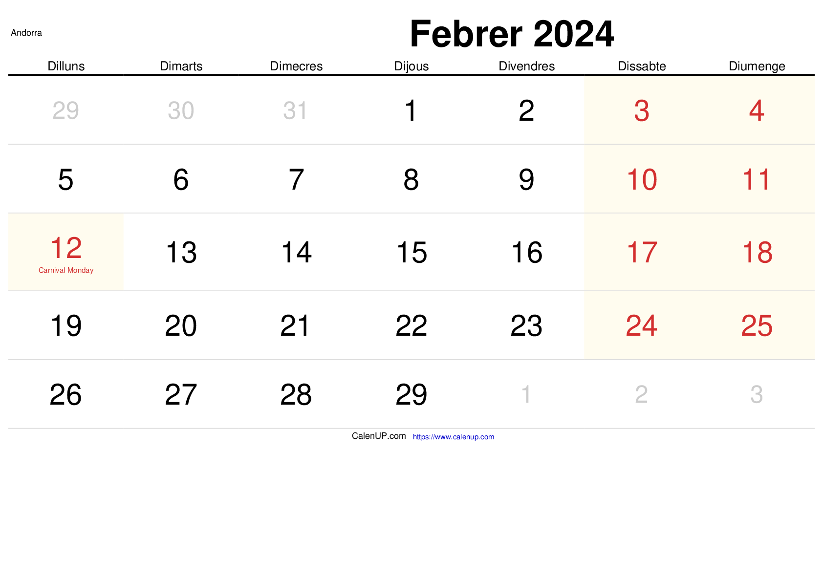 Calendari Febrer 2024