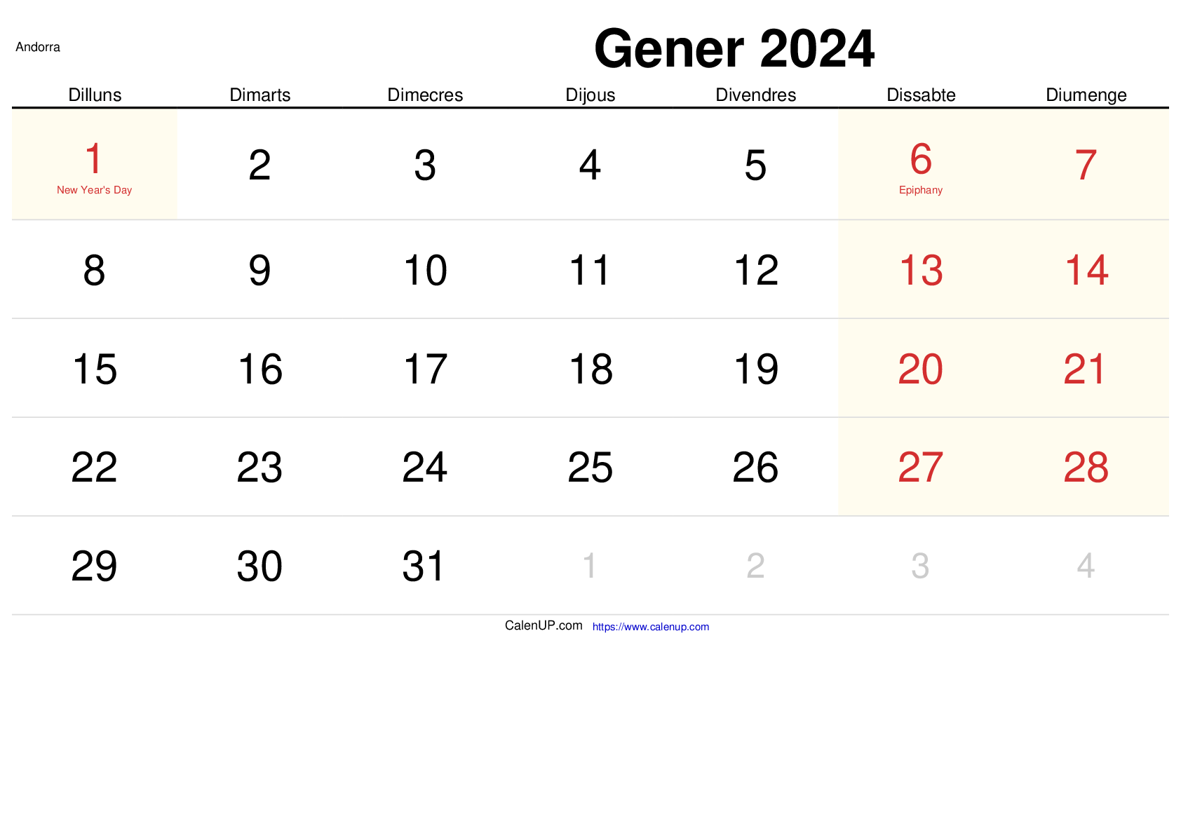 Calendari Gener 2024