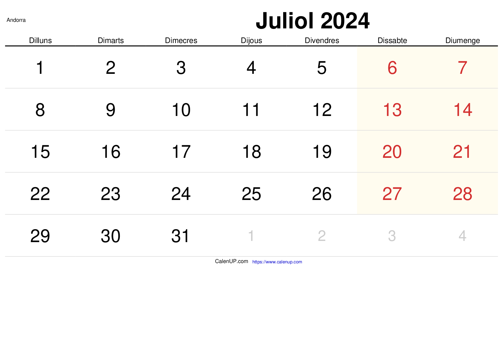 Calendari Juliol 2024