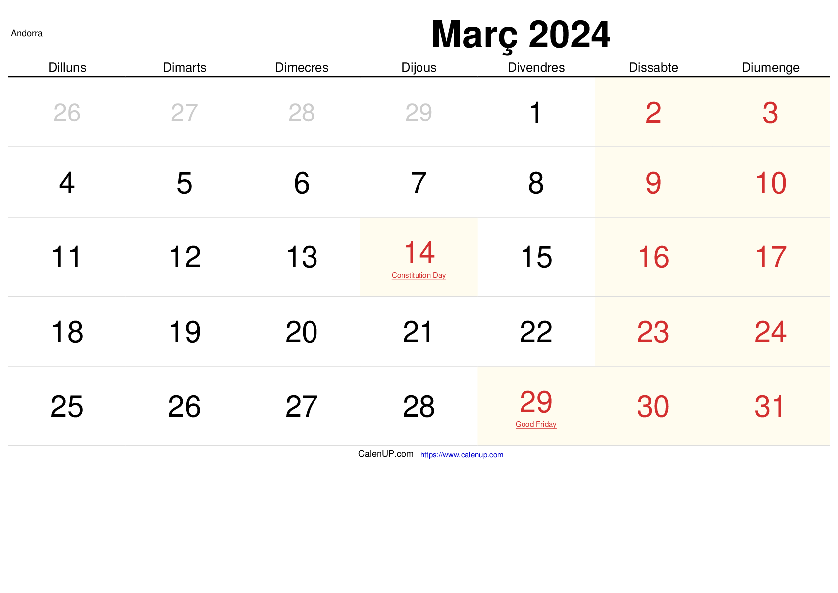 Calendari Març 2024