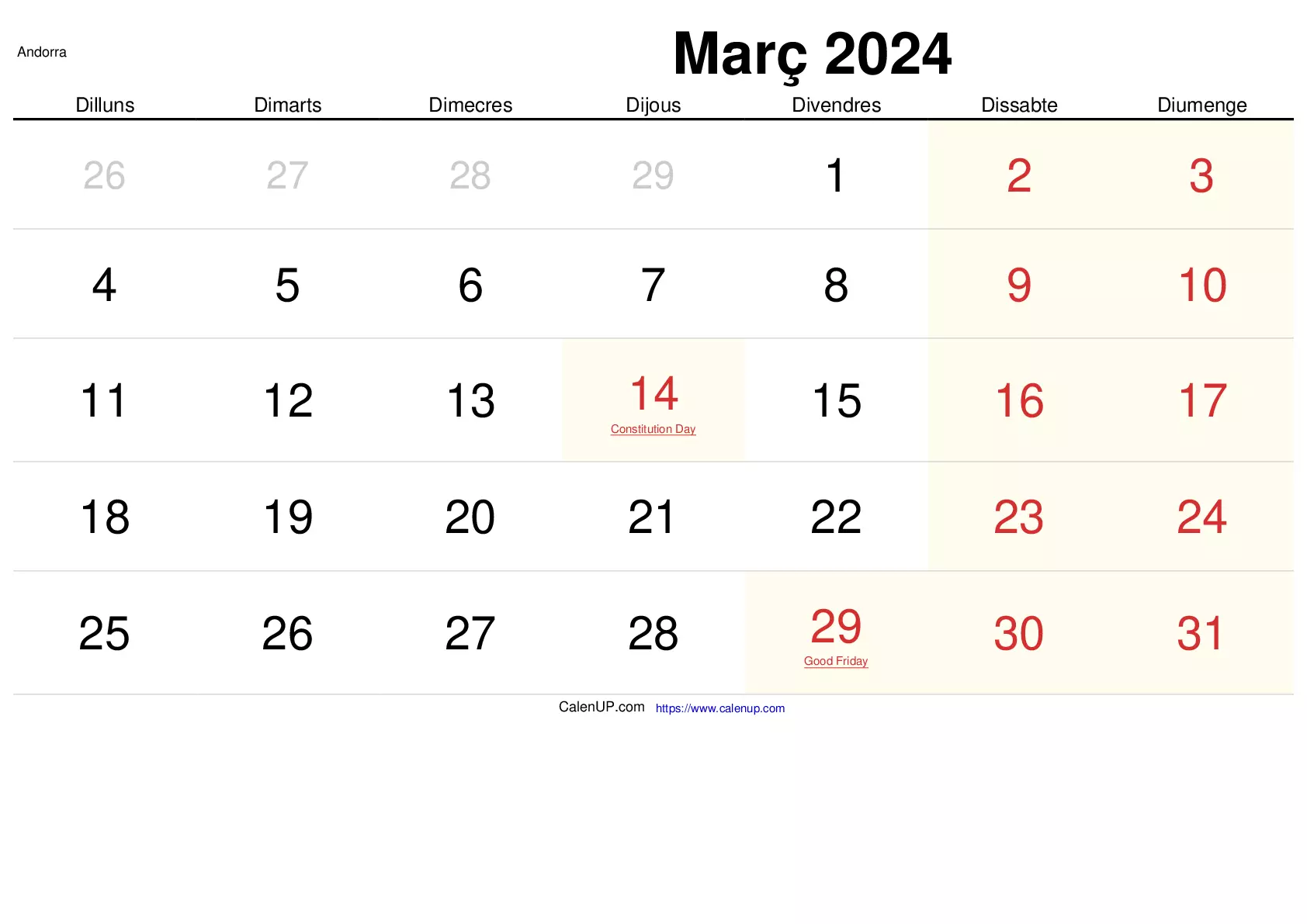 Maart Afdrukbare Kalender Voor Andorra Calenup