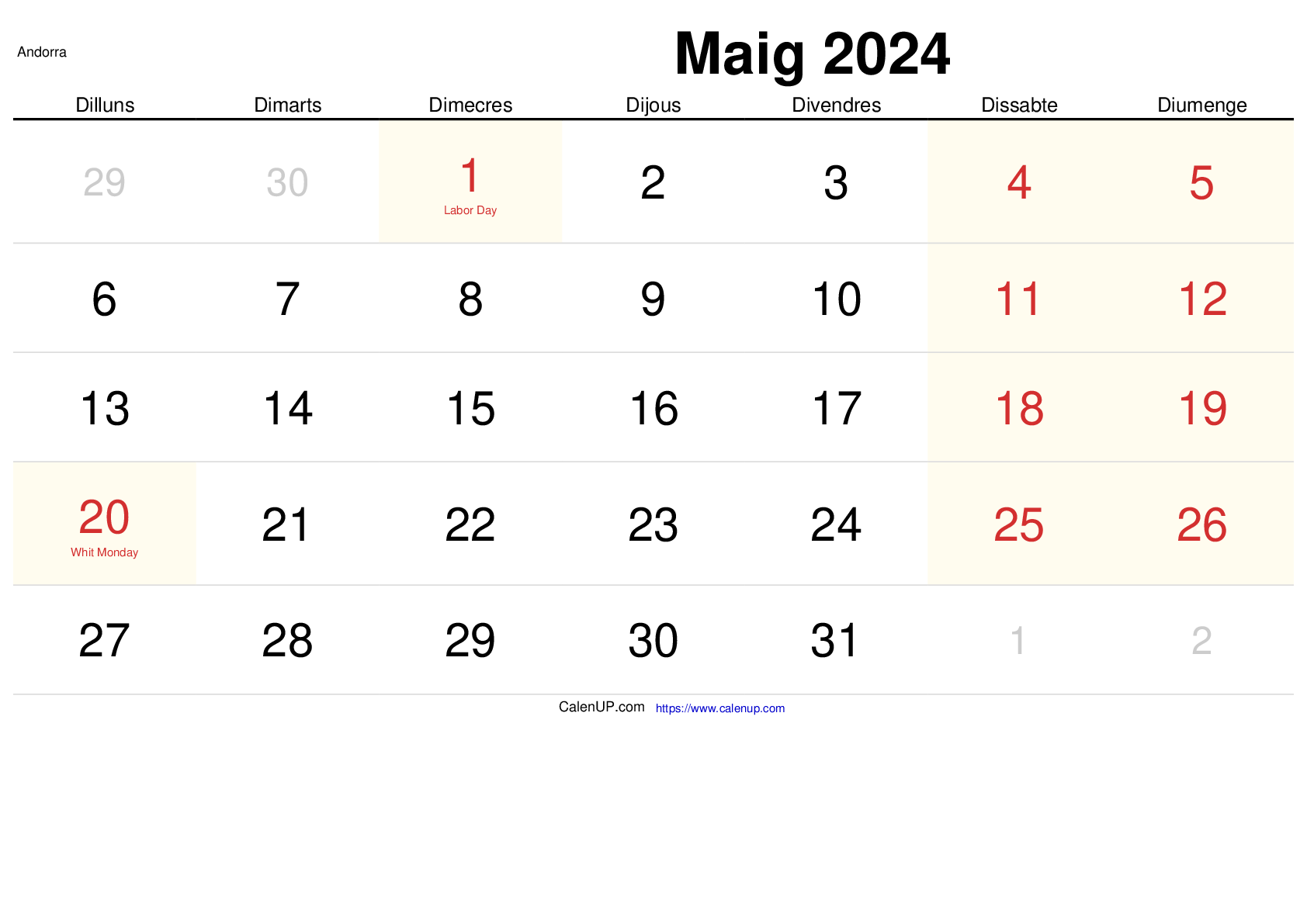 Calendari Maig 2024