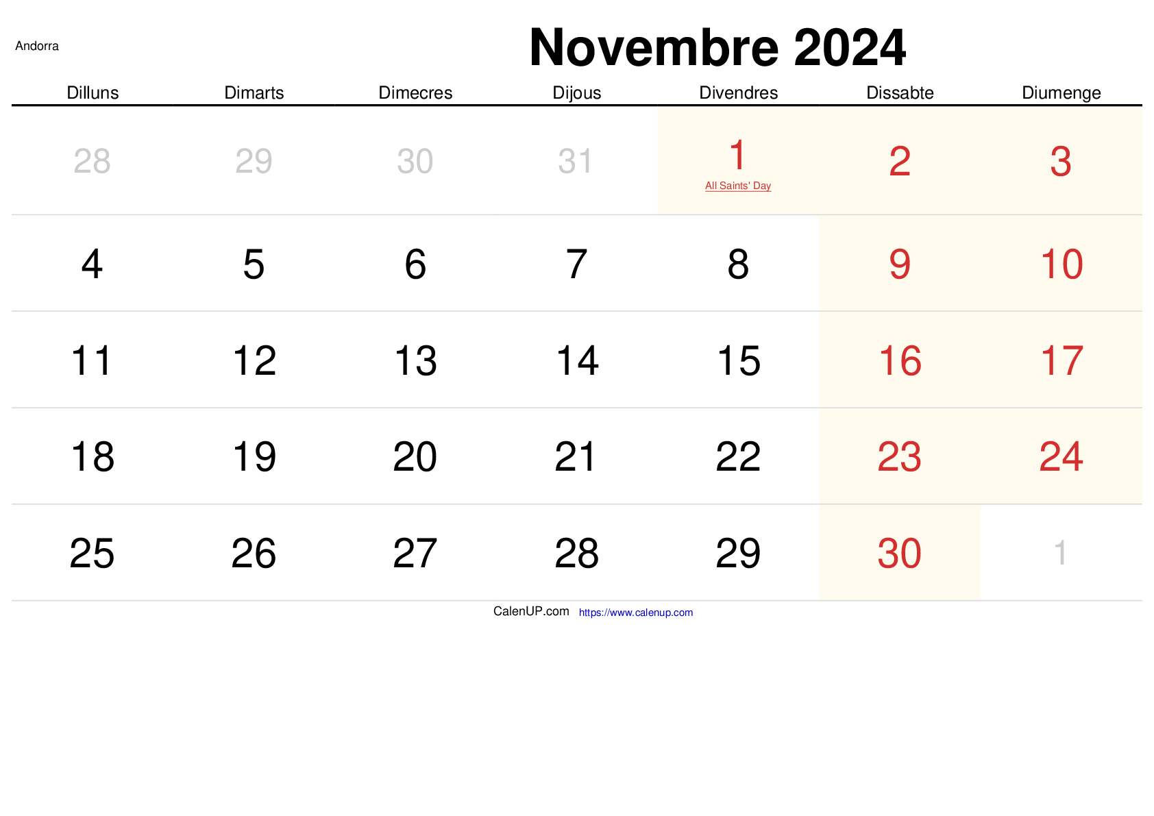 Calendari Novembre 2024