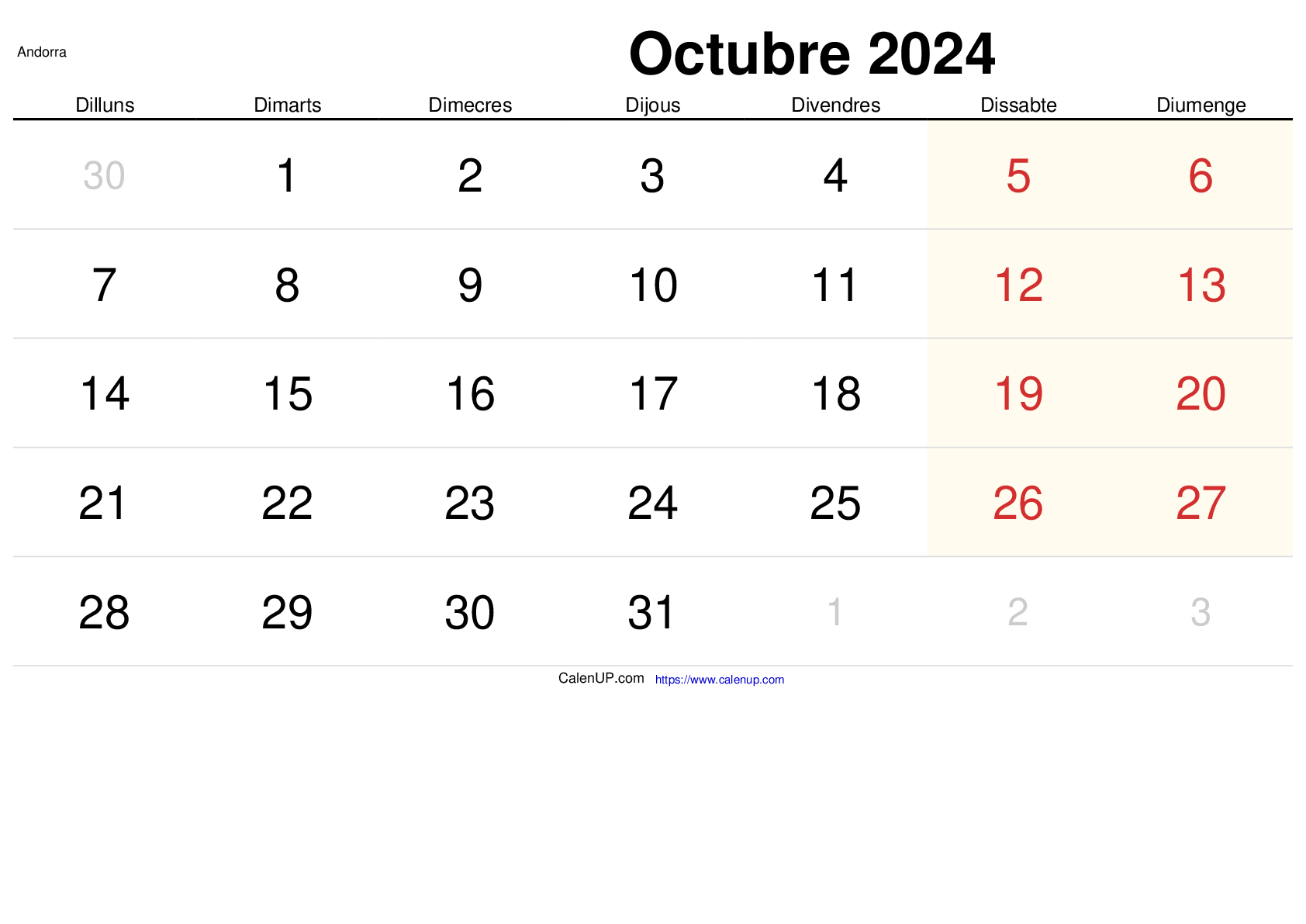 Calendari Octubre 2024