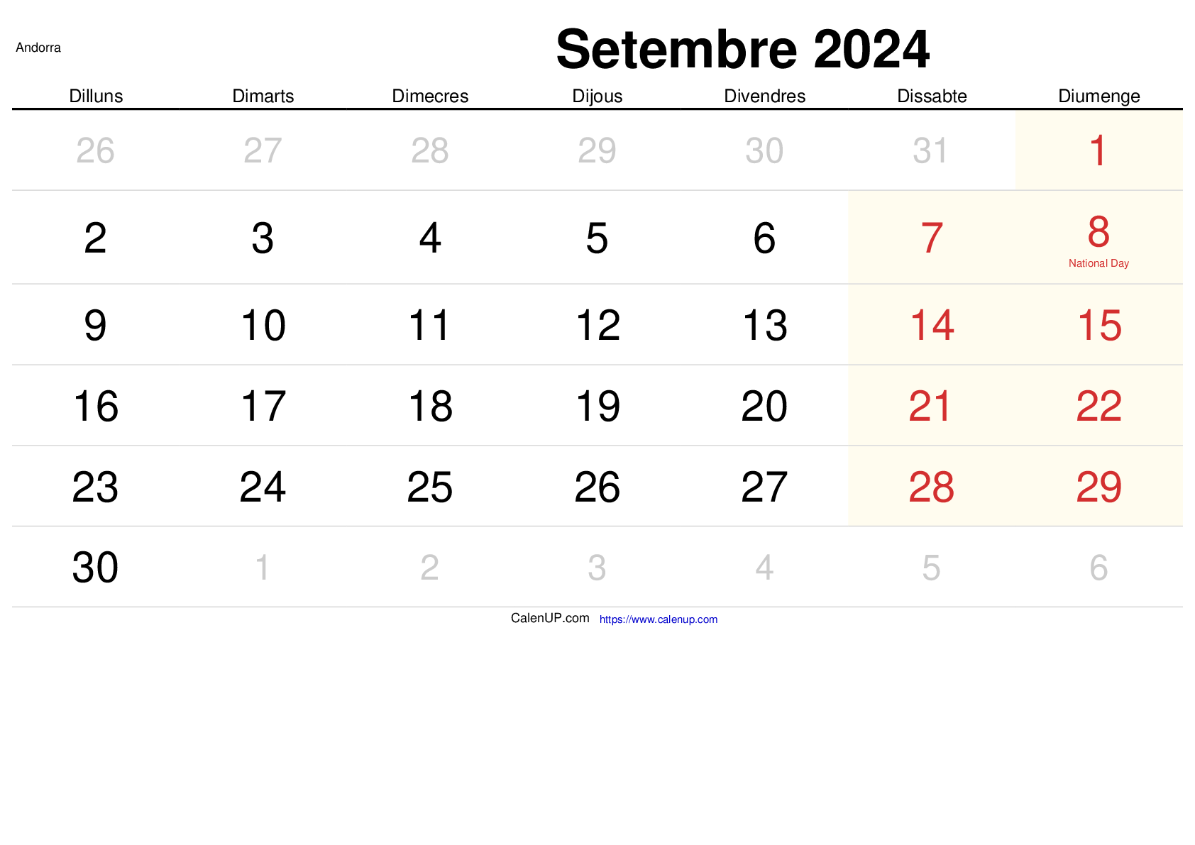 Calendari Setembre 2024