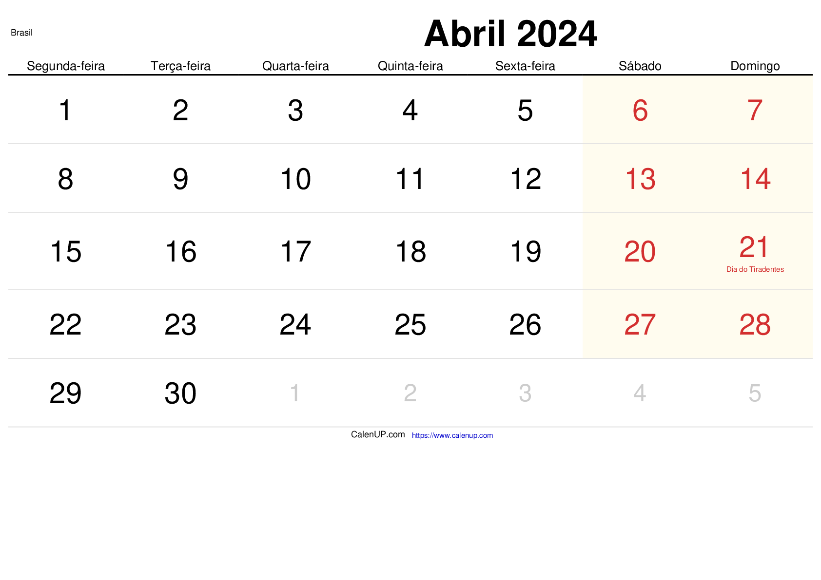 Calendário de Abril de 2024 