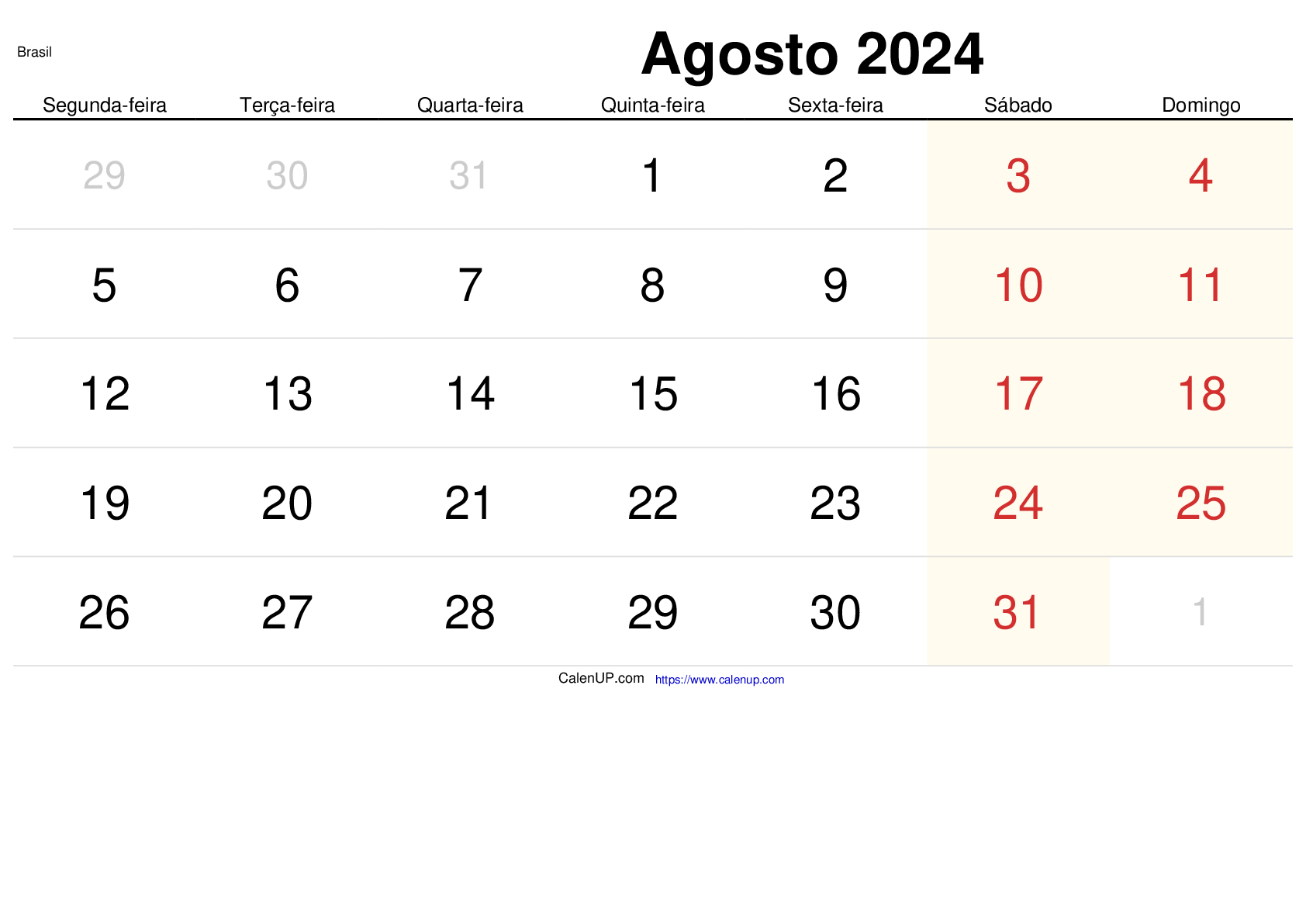 Calendário de Agosto de 2024 