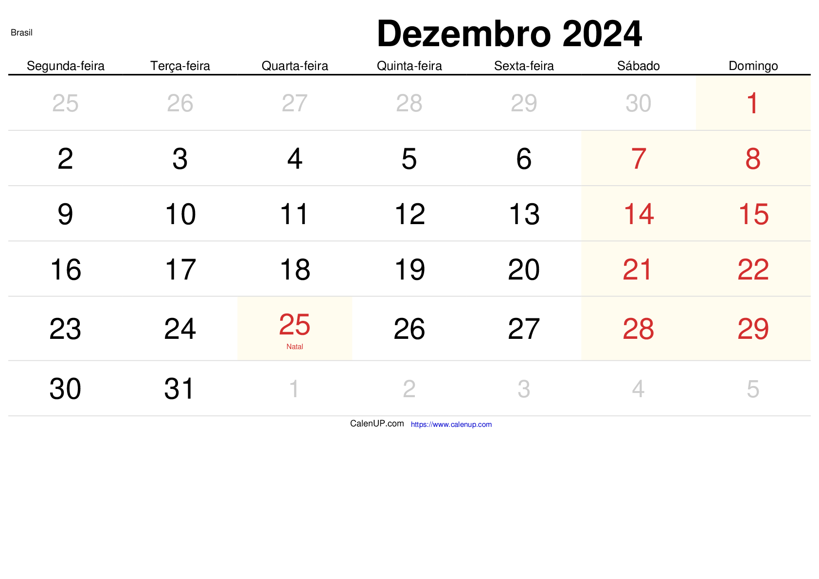 Calendário de Dezembro de 2024 