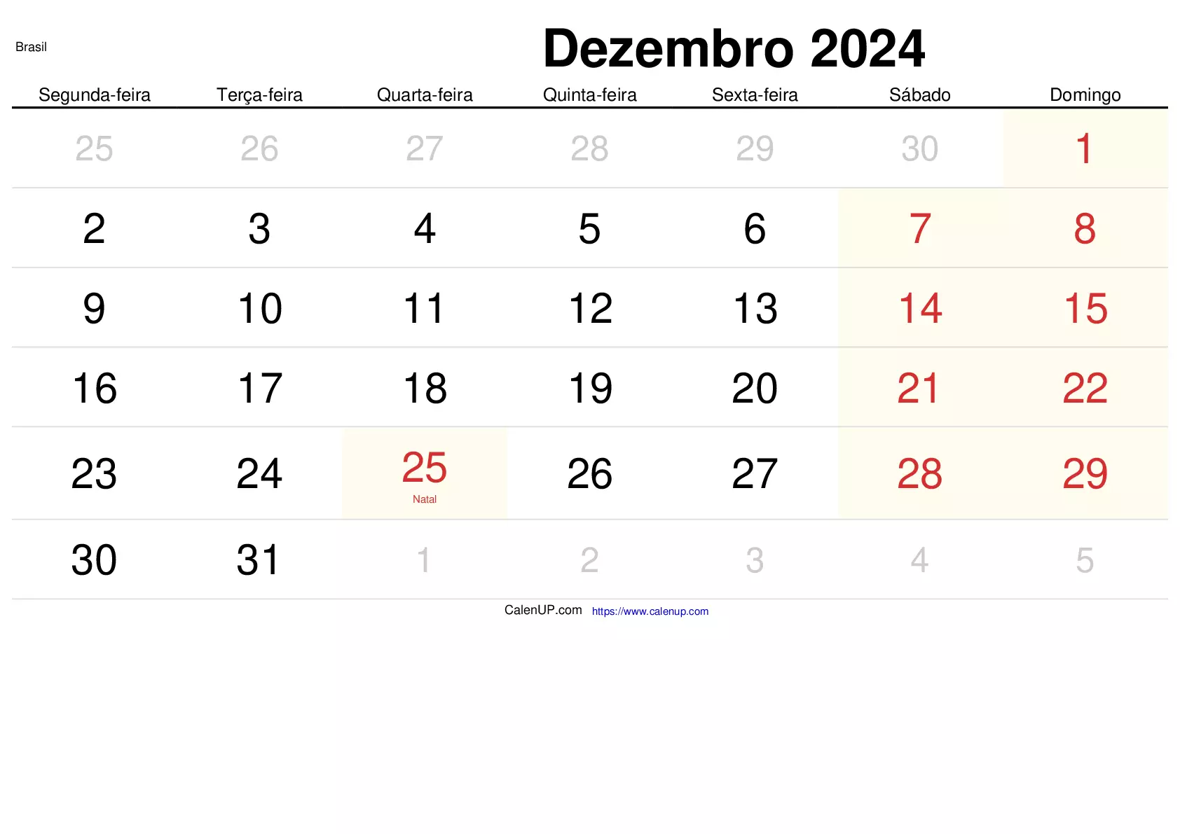 Calendário de Dezembro de 2024 para Imprimir Brasil CalenUP