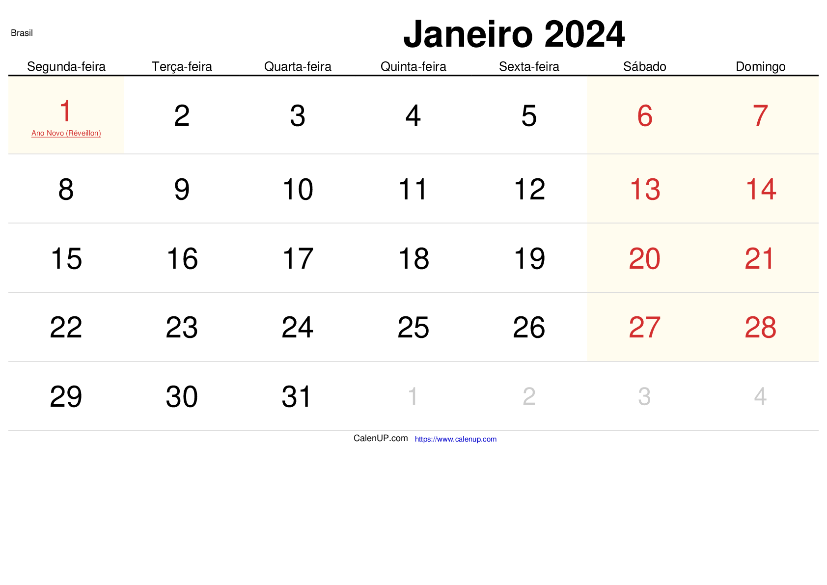 Calendário de Janeiro de 2024 