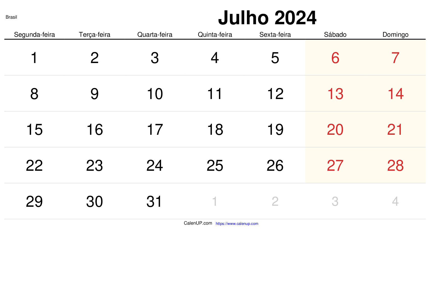 Calendário de Julho de 2024 