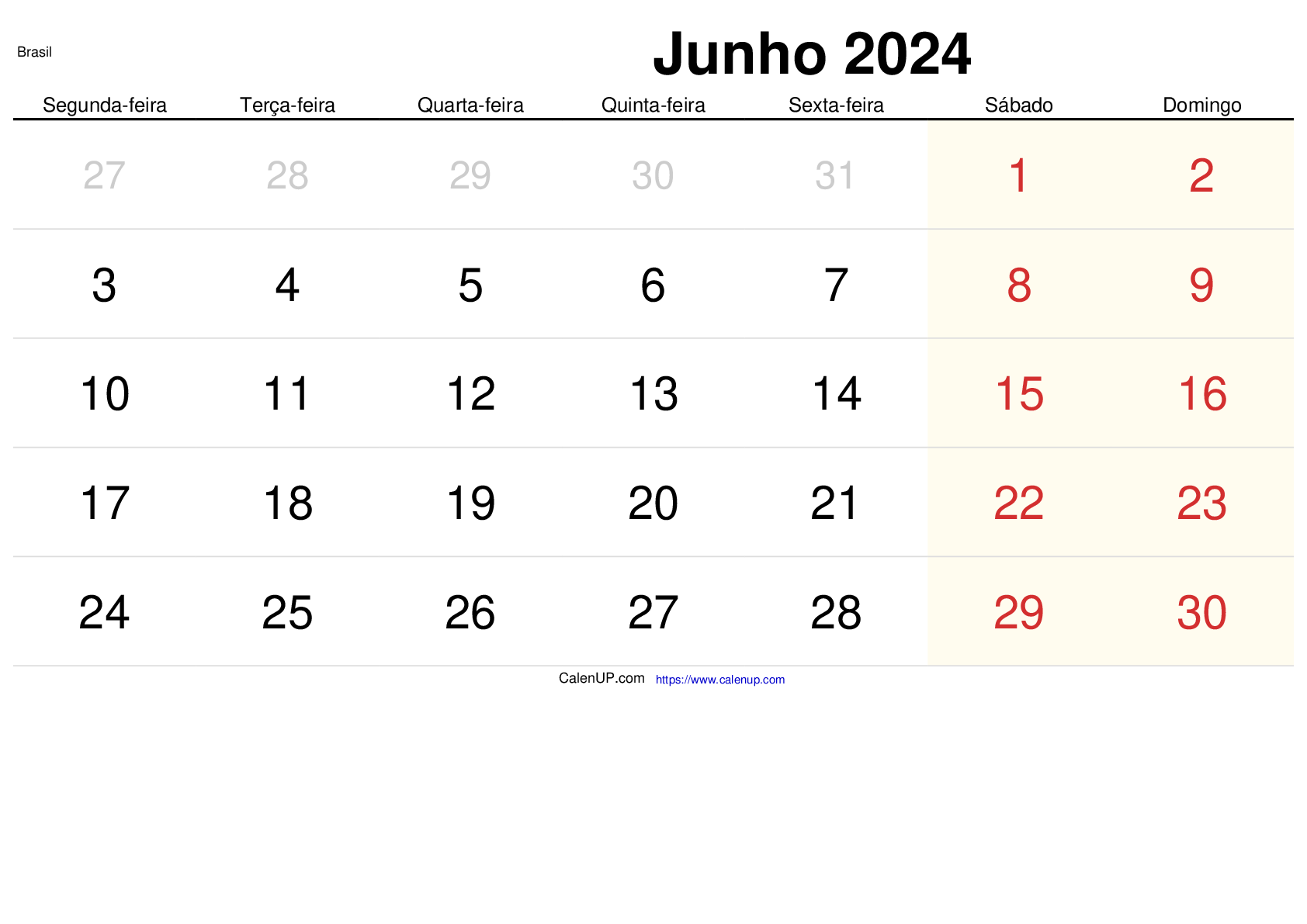 Calendário de Junho de 2024 