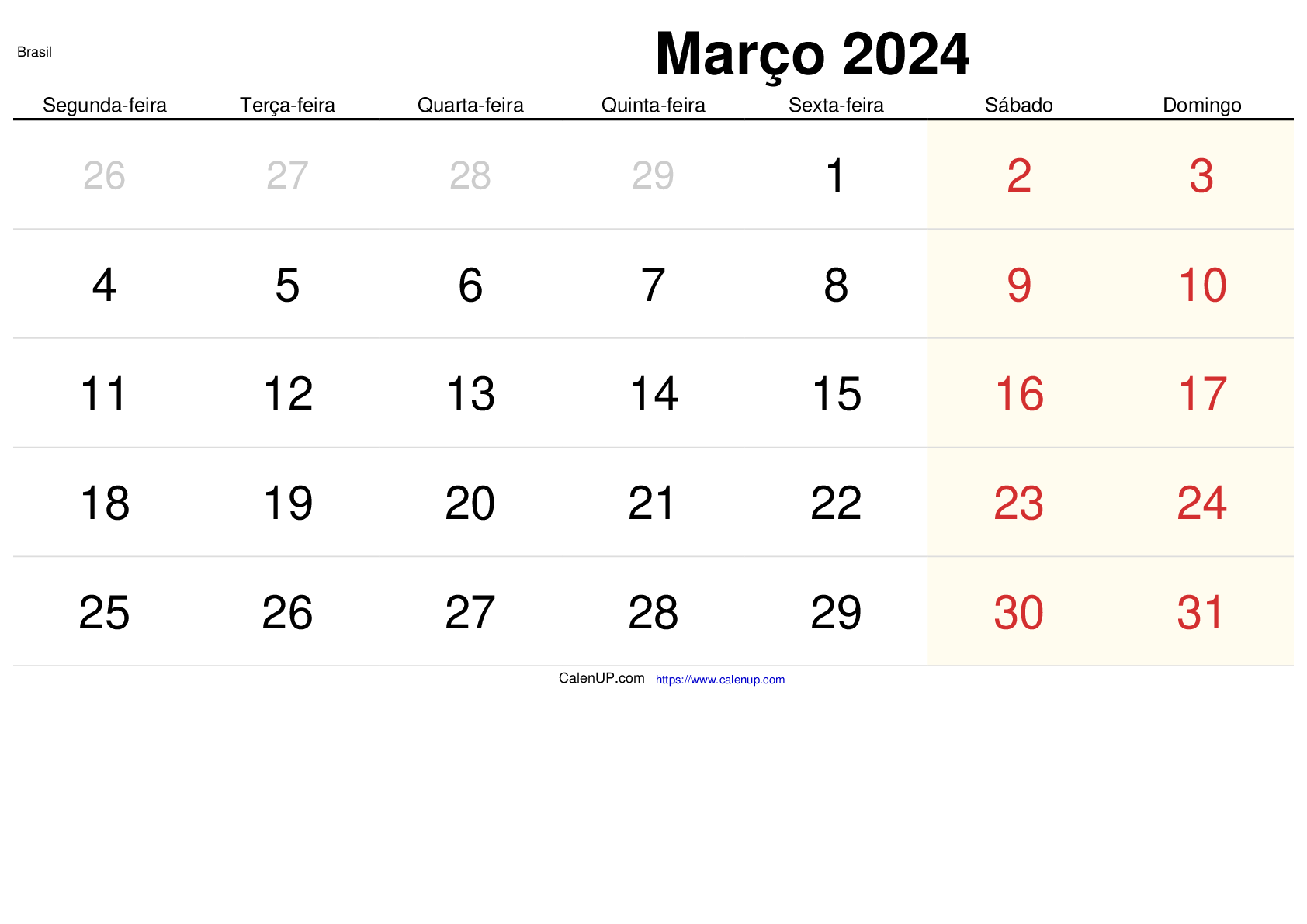 Calendário de Março de 2024 