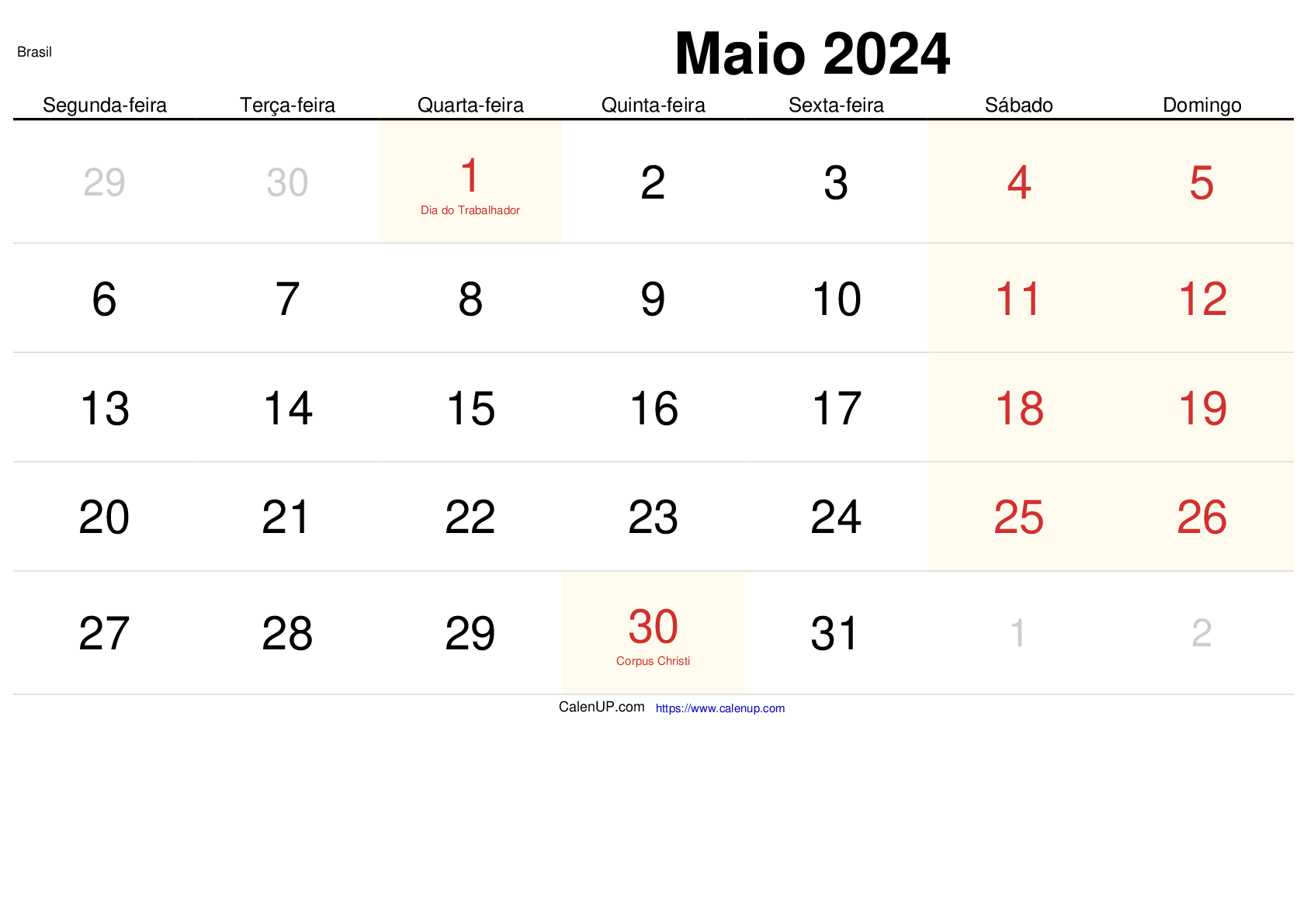 Calendário de Maio de 2024 