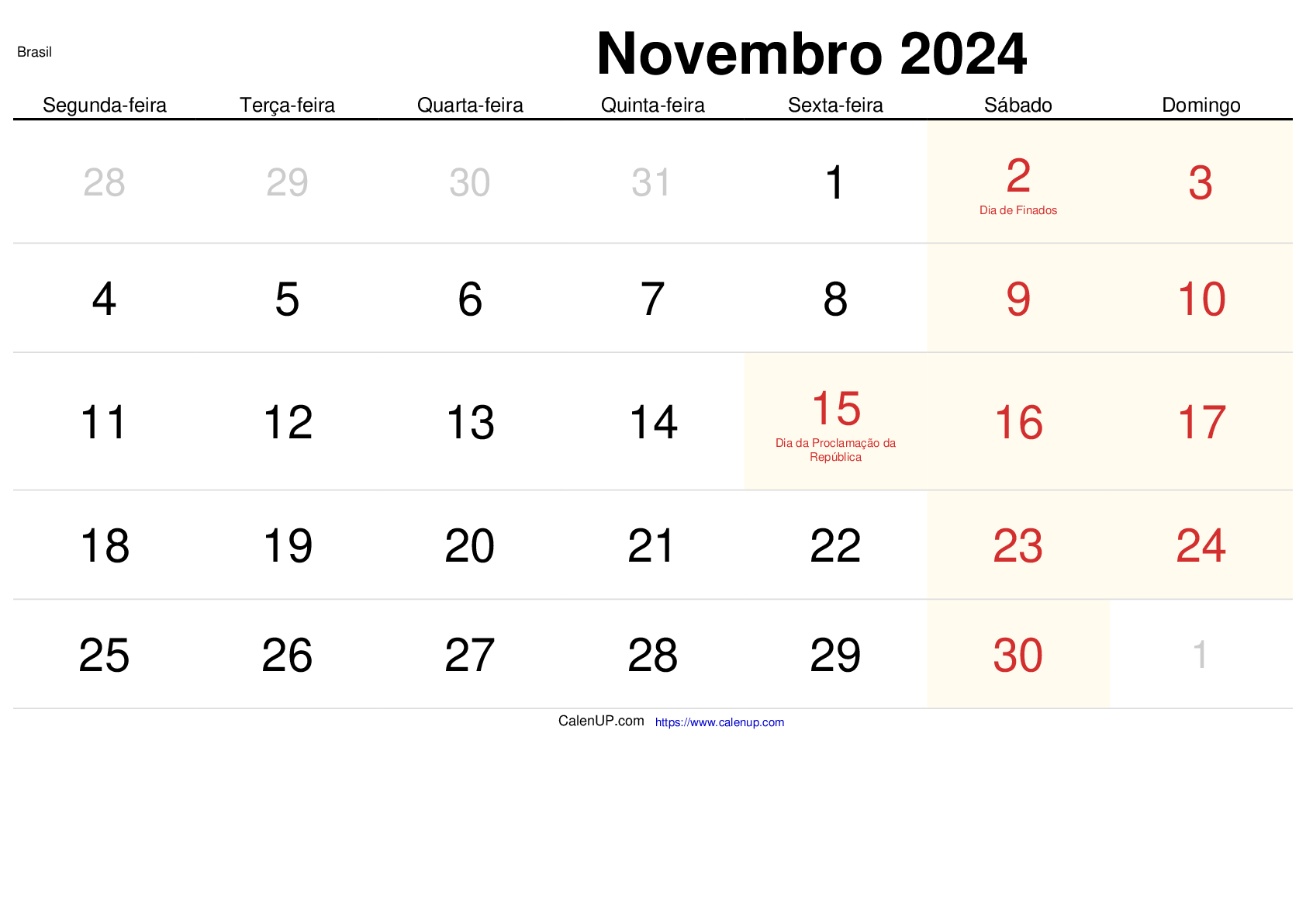 Calendário de Novembro de 2024 