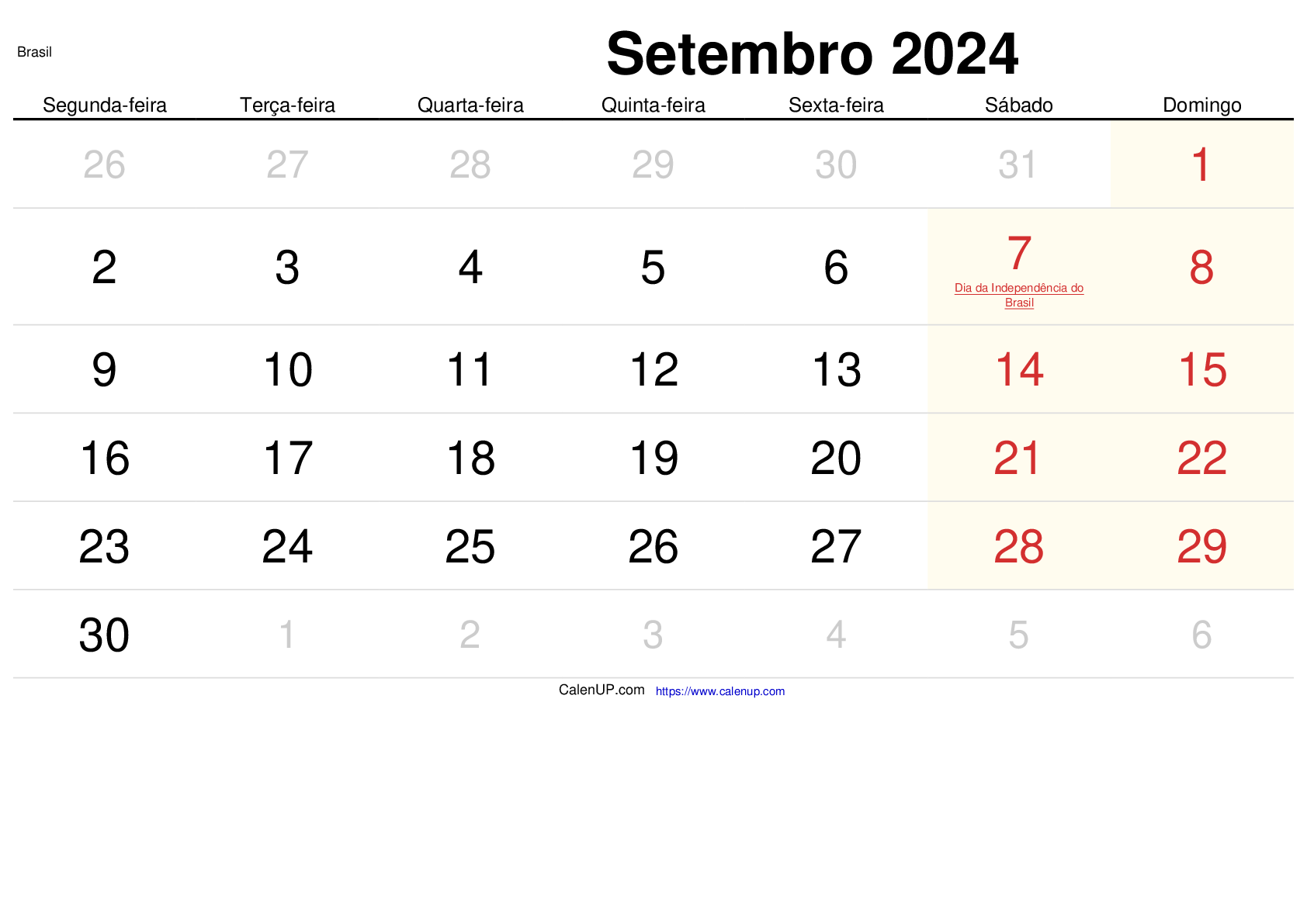 Calendário de Setembro de 2024 