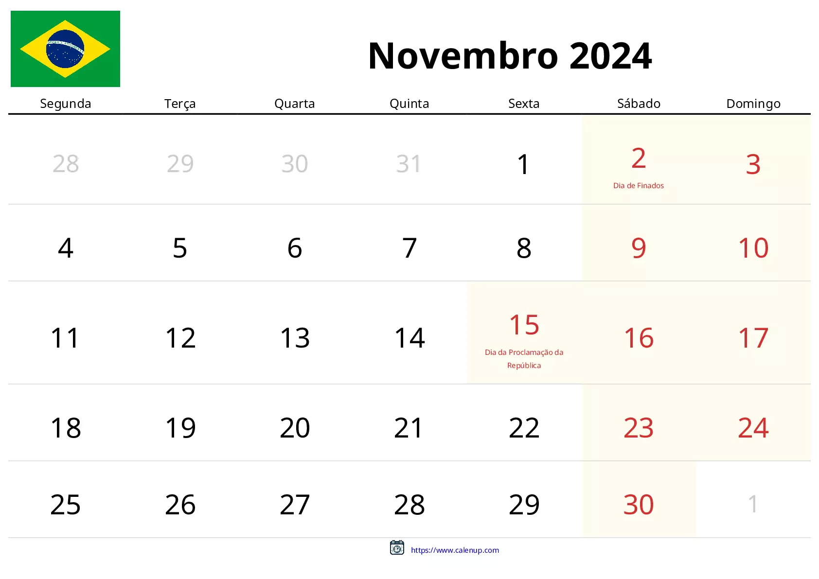 Calendário de Novembro de 2024 (Brasil): Feriados e Eventos do Mês ...