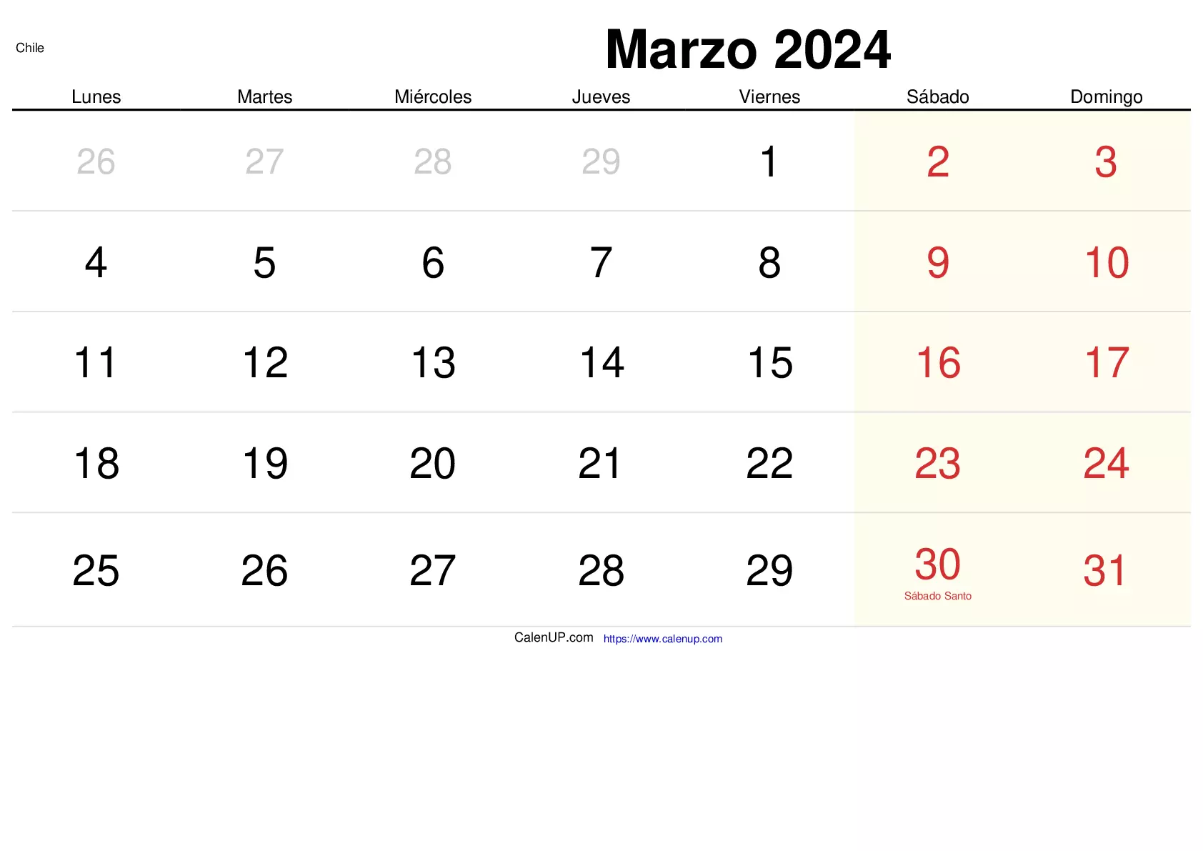 Calendário de Março de 2024 para Imprimir Chile CalenUP