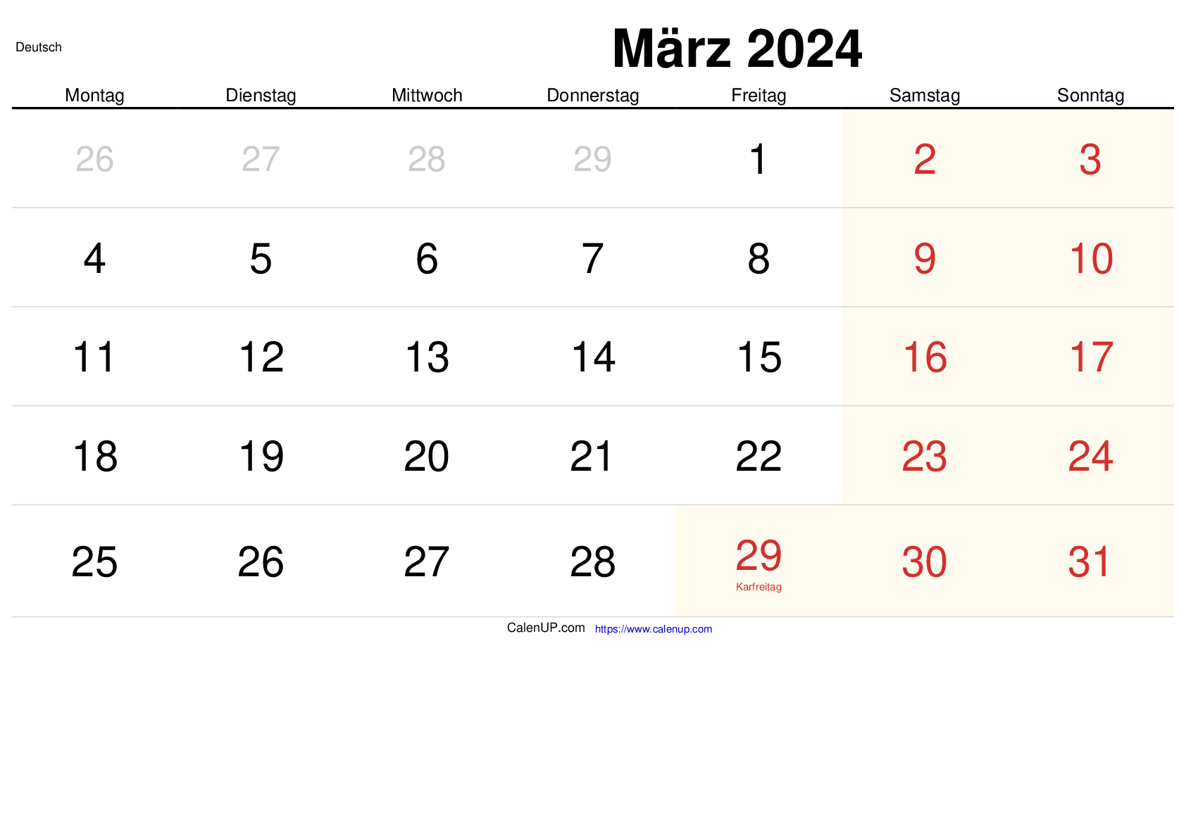 März 2024 Kalender