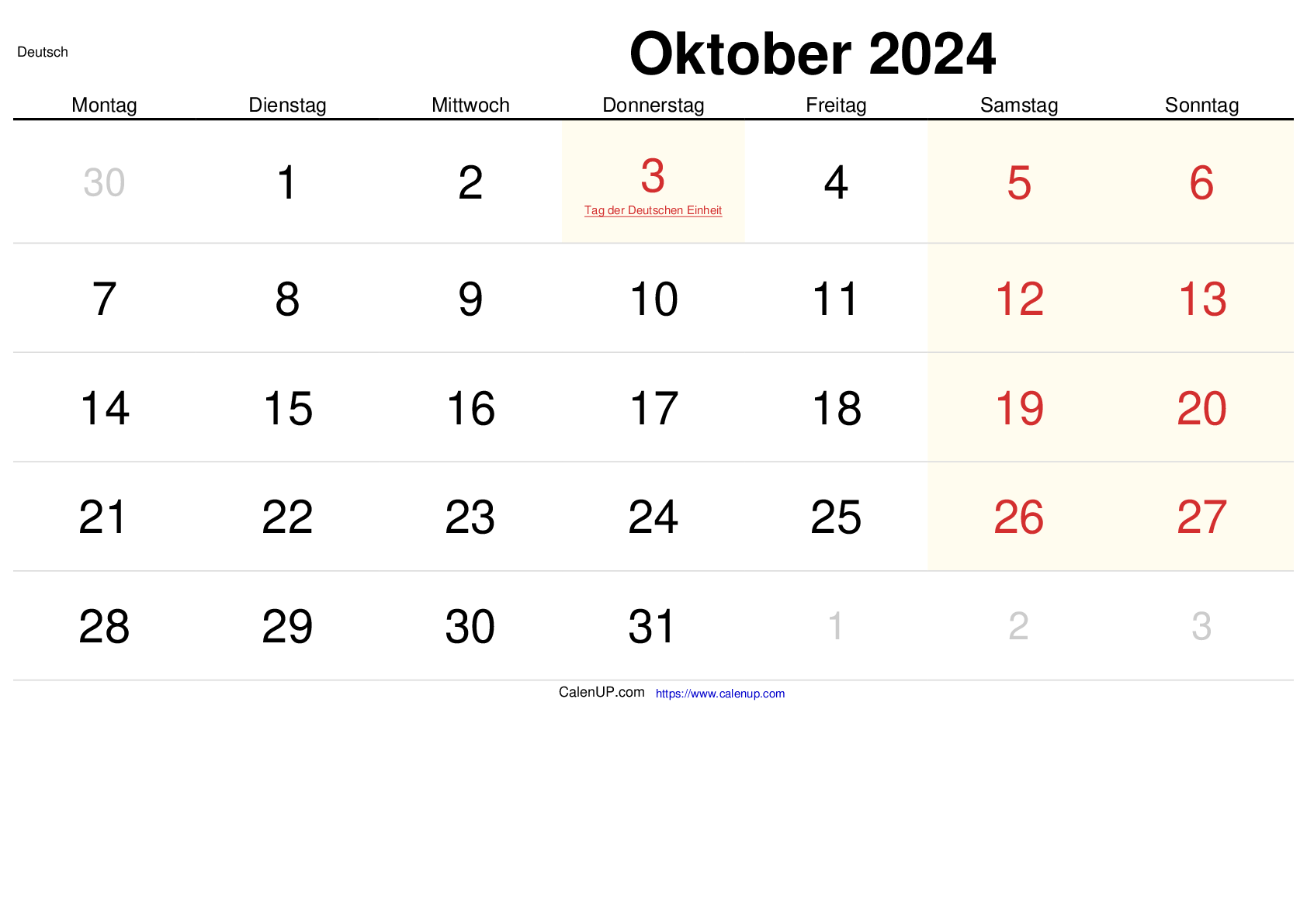 Oktober 2024 Kalender