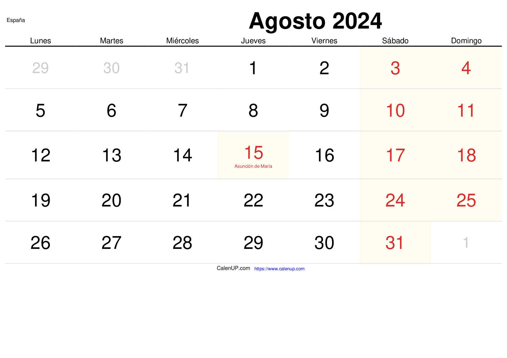 Calendario Agosto 2024