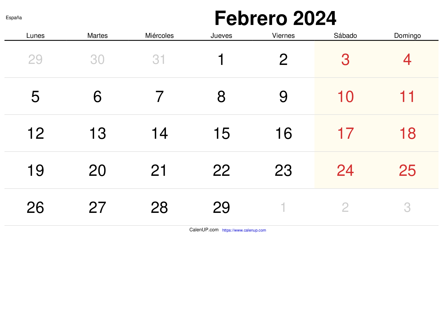 Calendario Febrero 2024