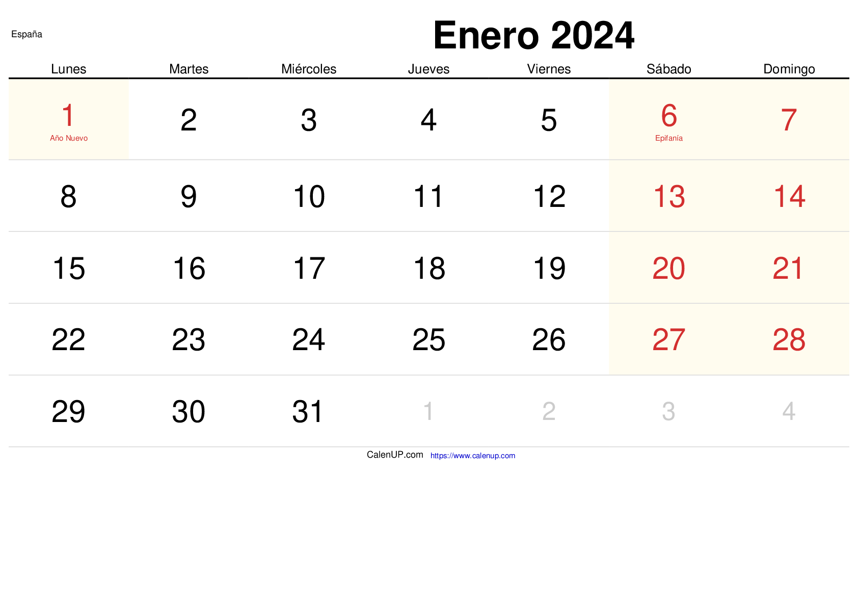 Calendario Enero 2024