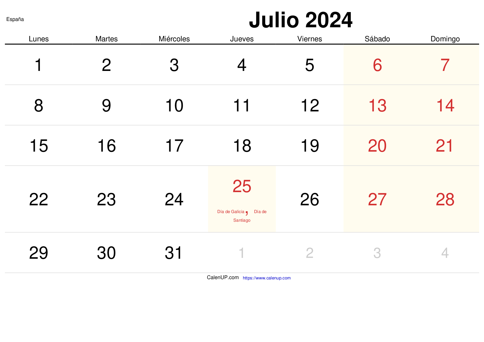 Calendario Julio 2024