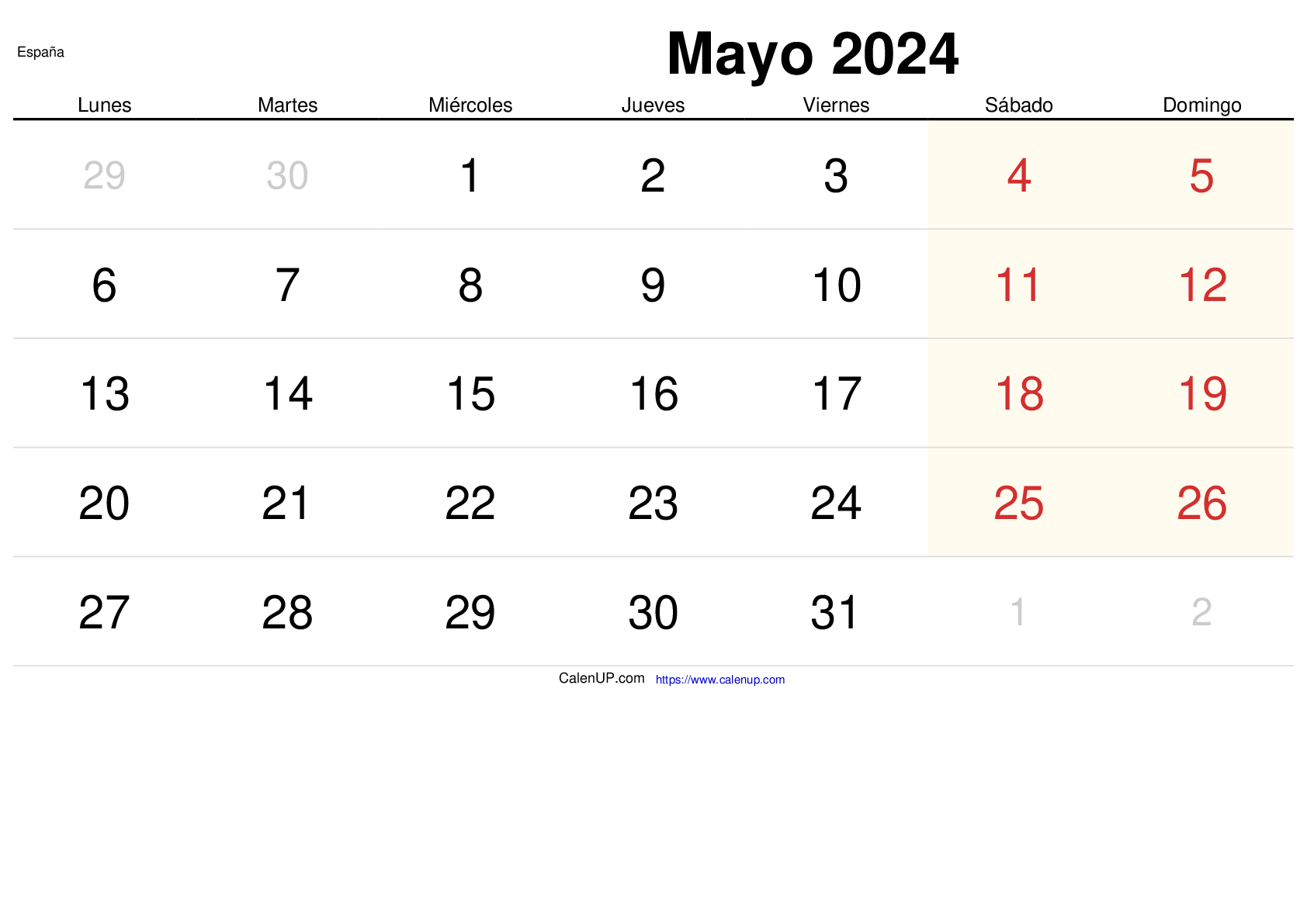 Calendario Mayo 2024