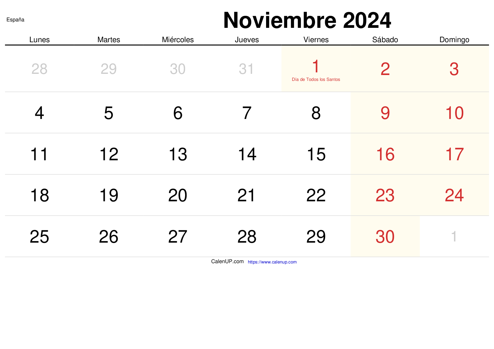 Calendario Noviembre 2024