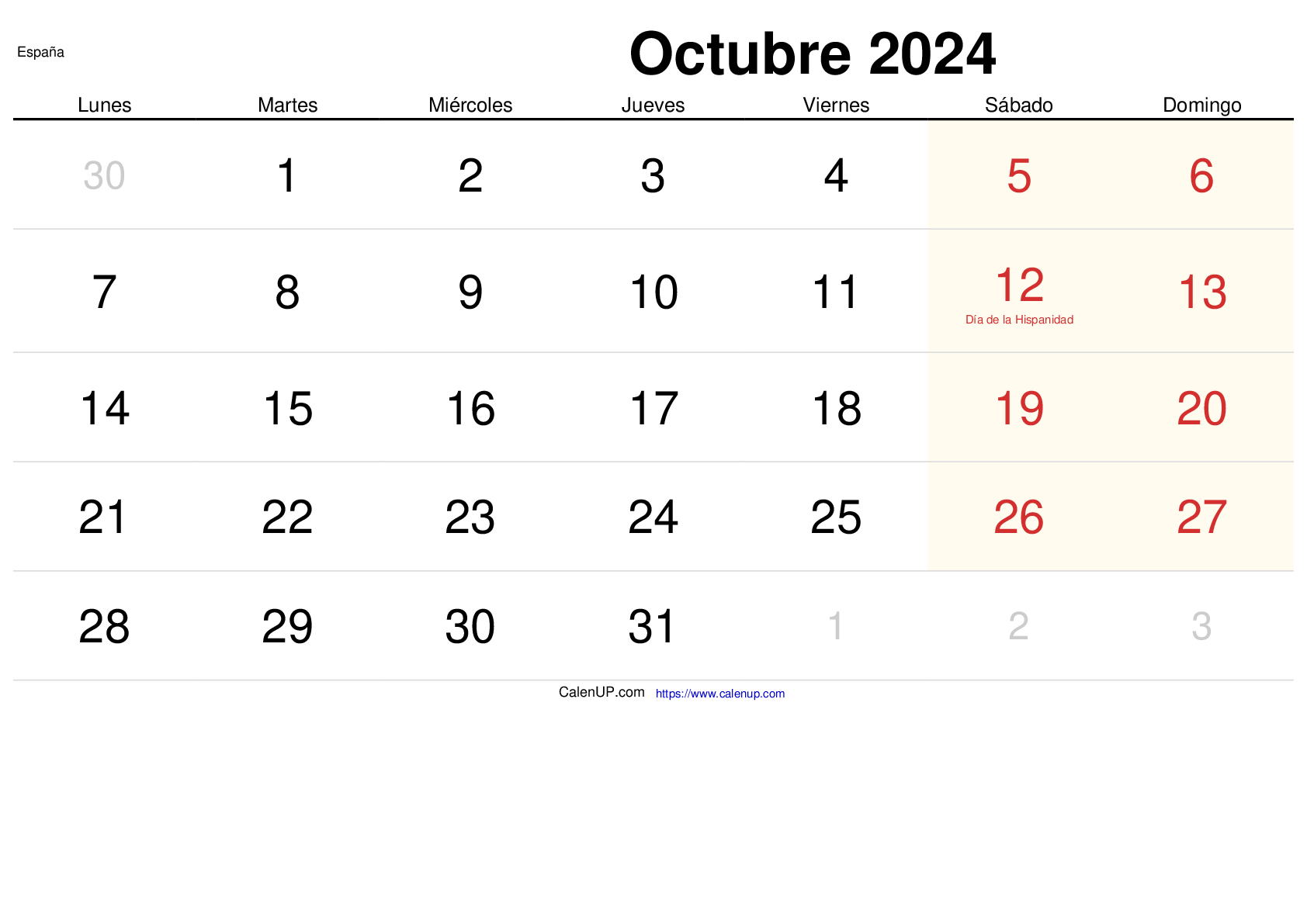 Calendario Octubre 2024