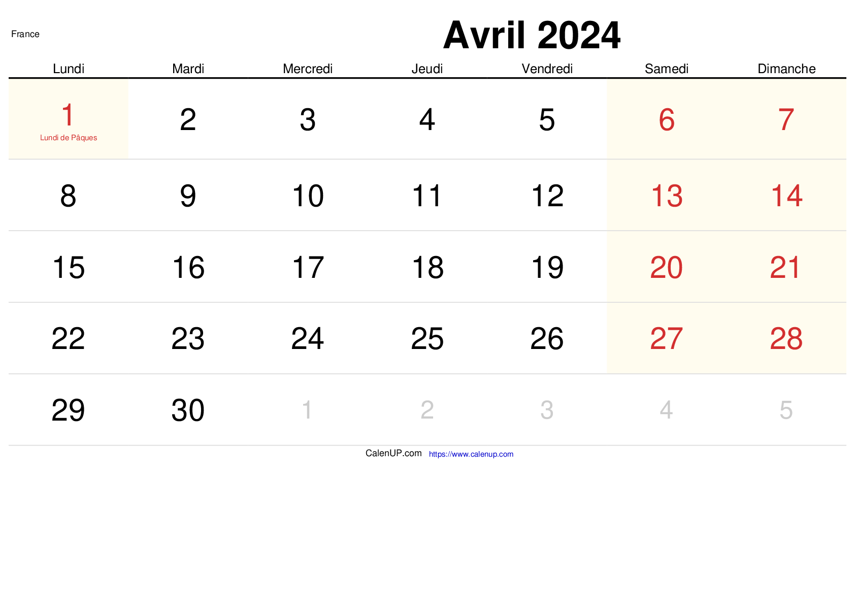 Calendrier Avril 2024