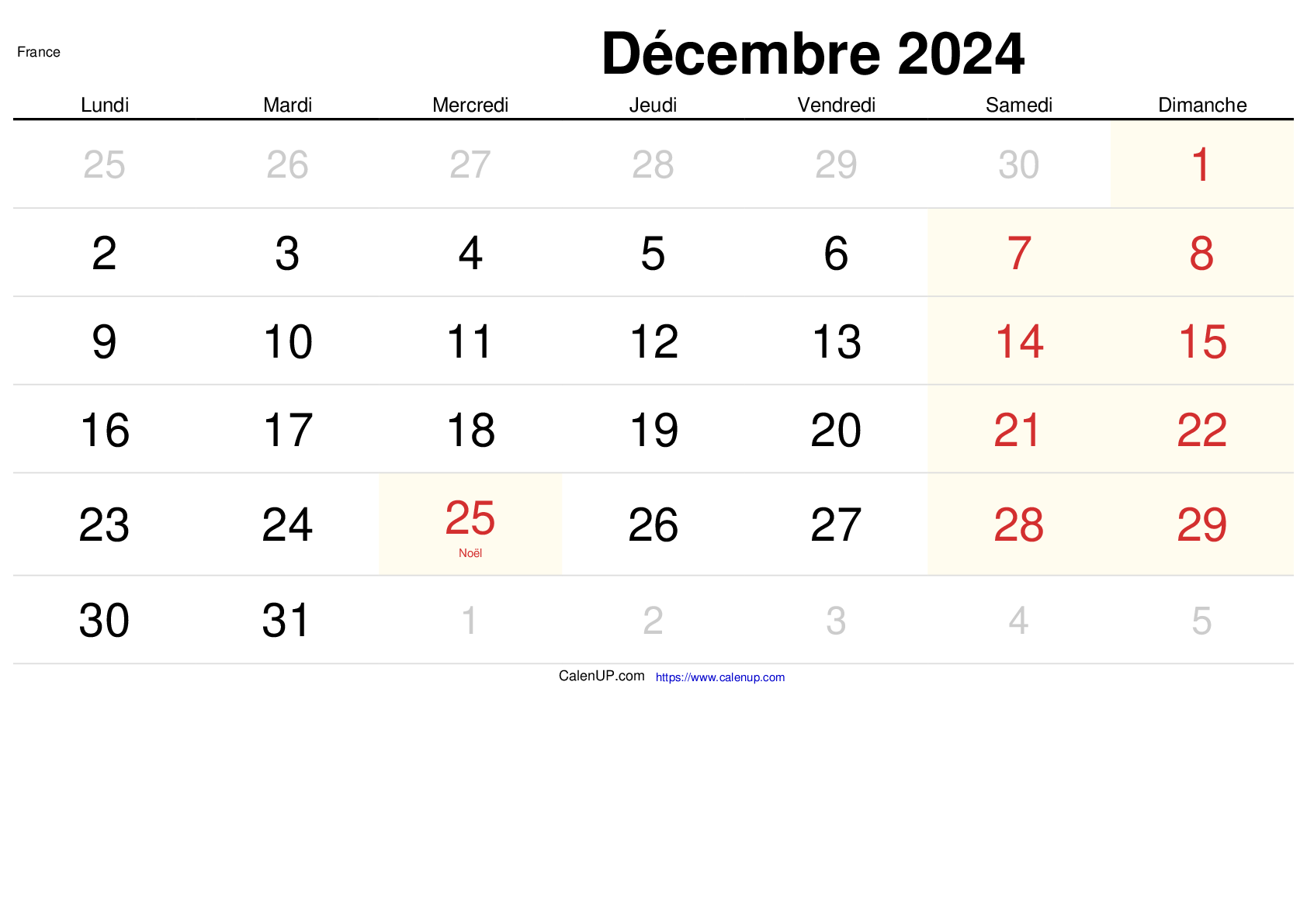 Calendrier Décembre 2024