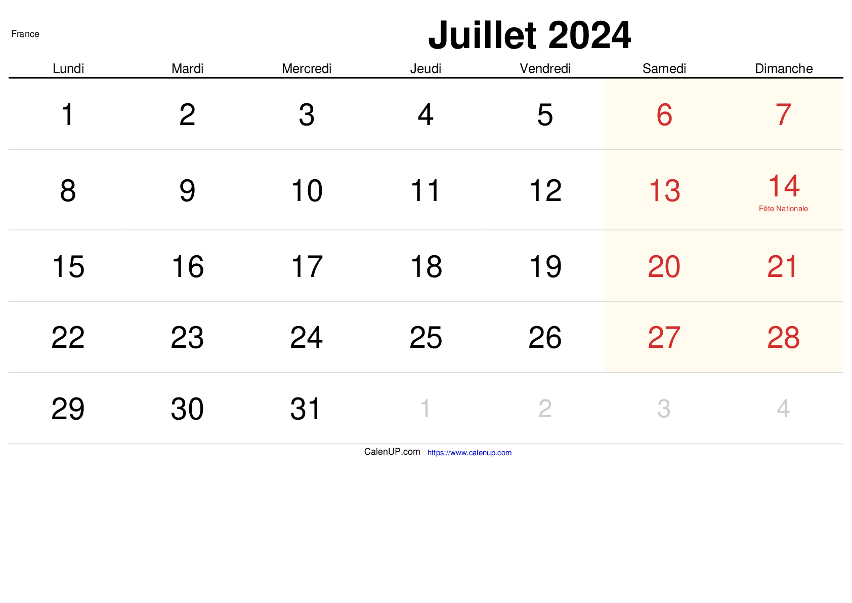 Calendrier Juillet 2024