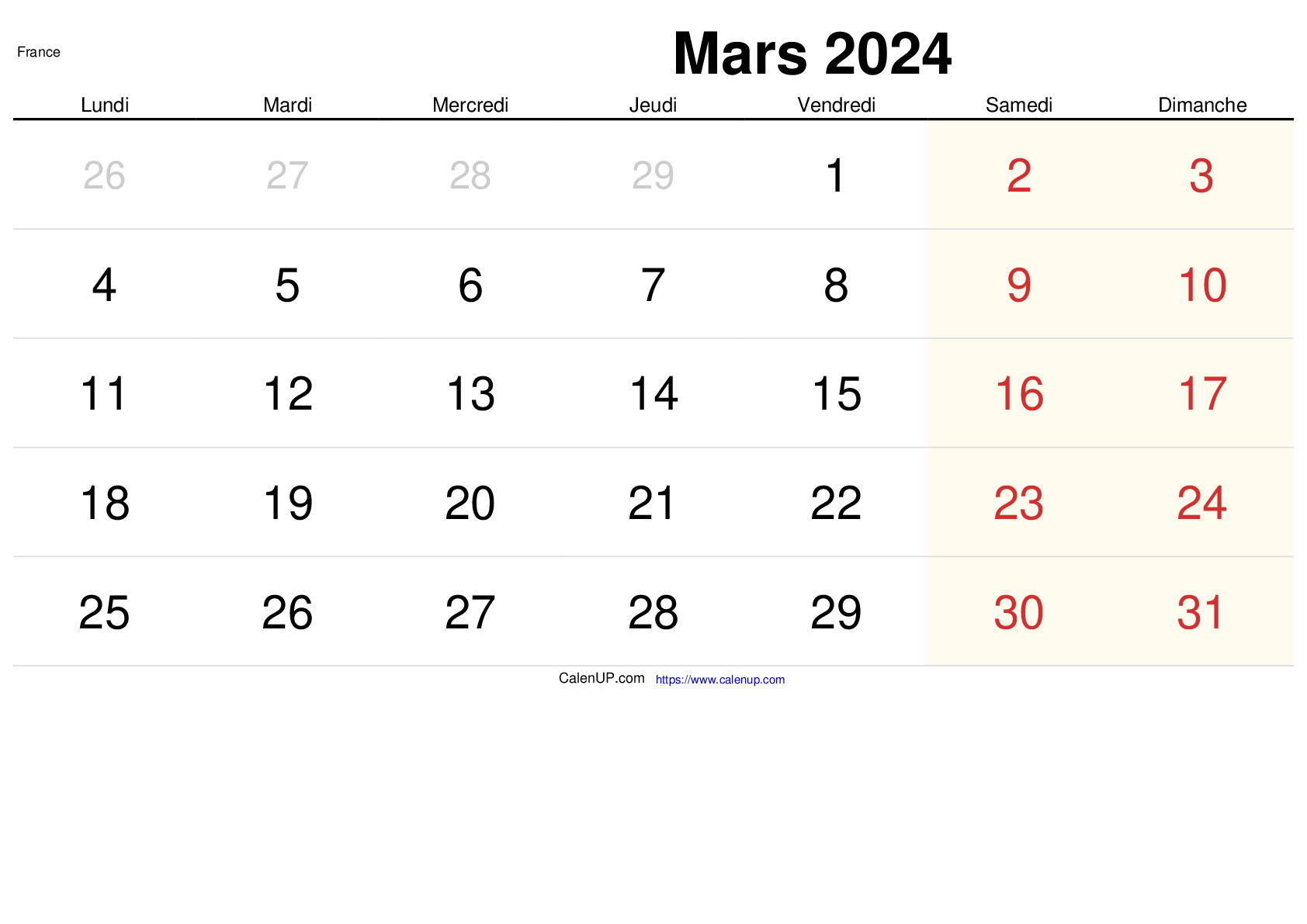 Calendrier Mars 2024