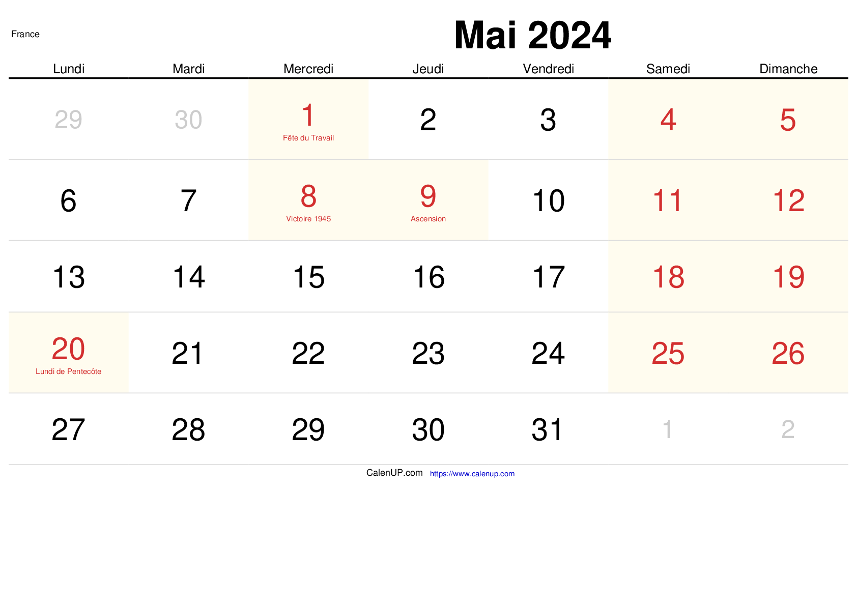 Calendrier Mai 2024