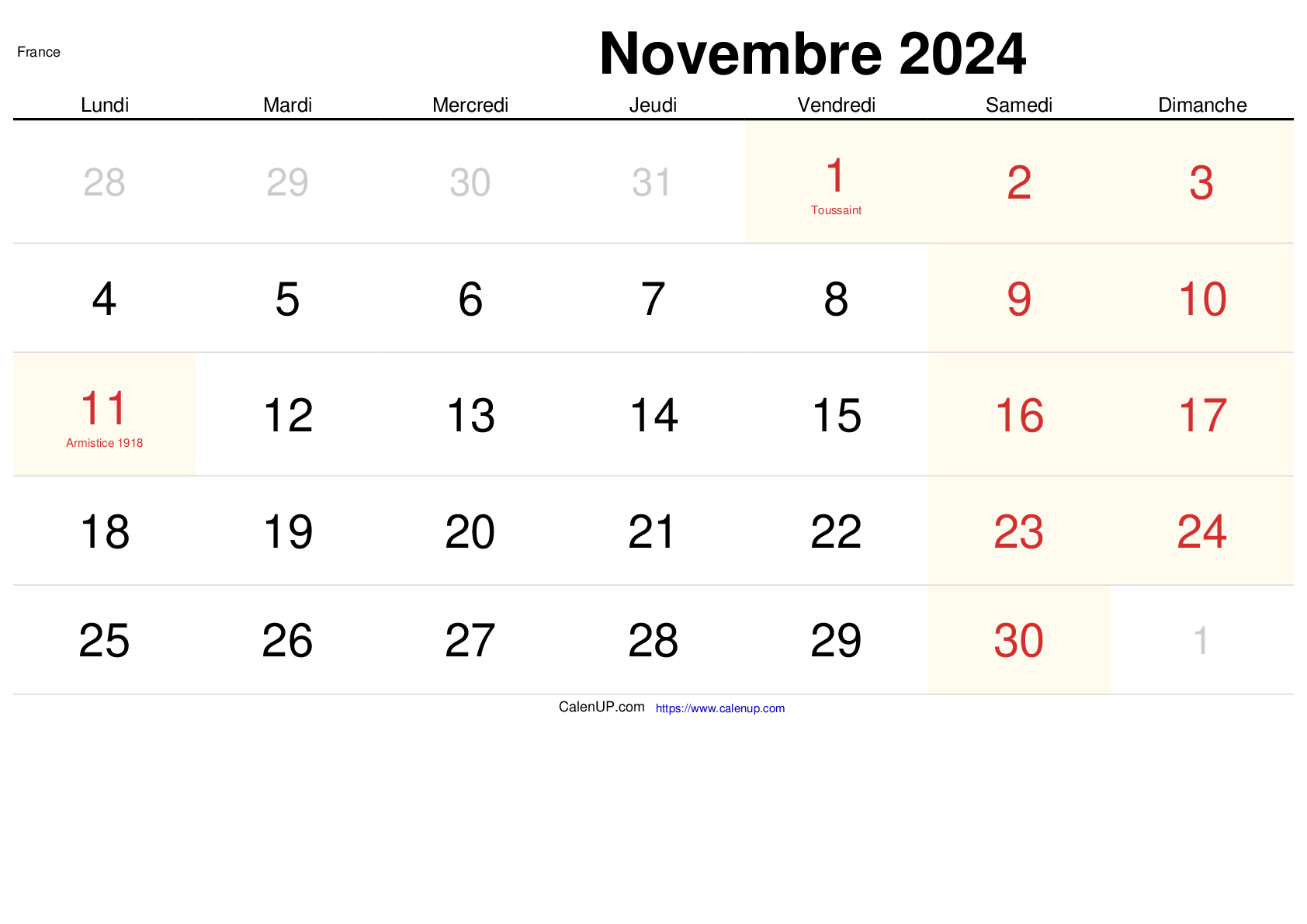 Calendrier Novembre 2024