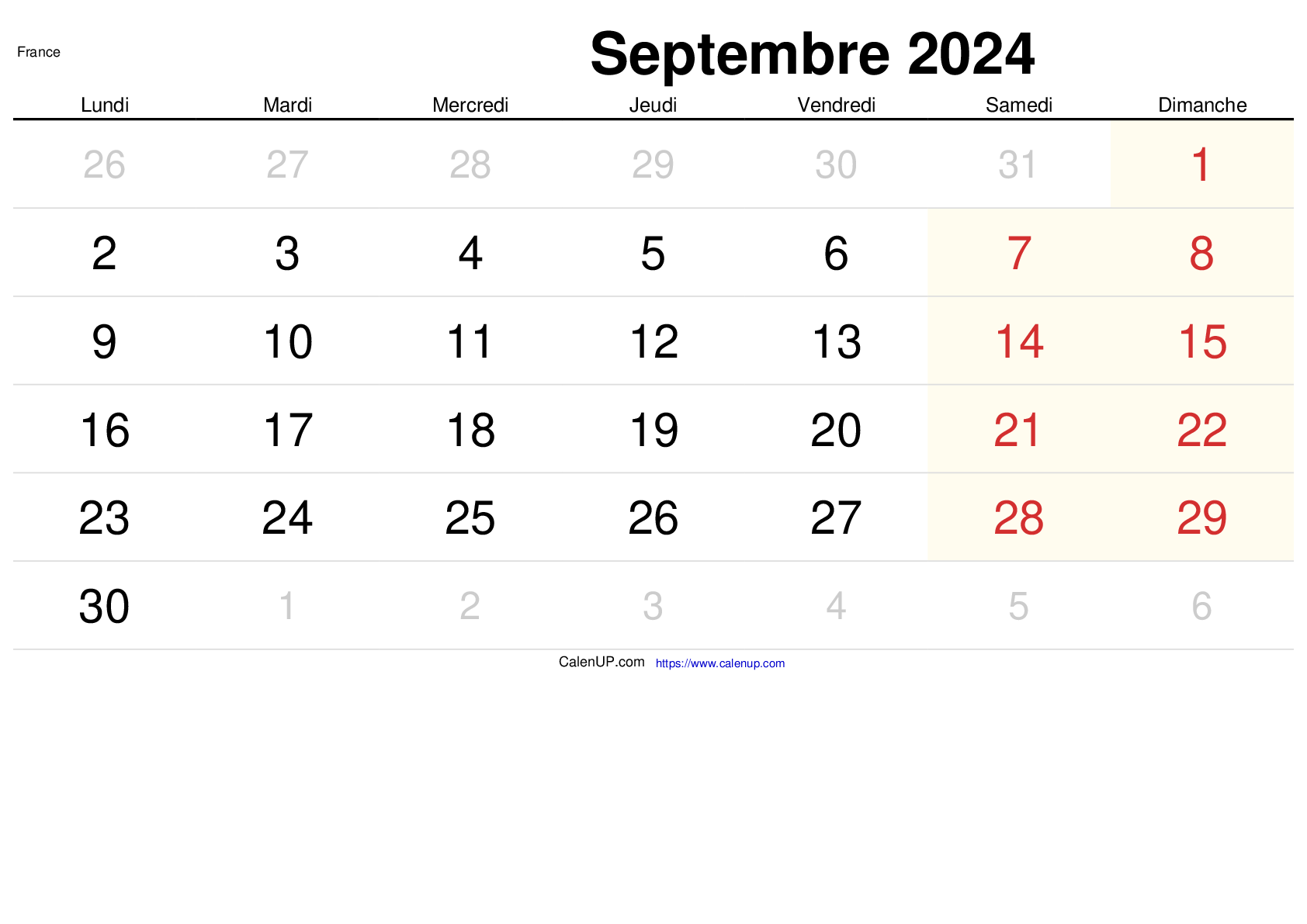 Calendrier Septembre 2024