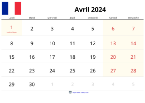 Calendrier Avril 2024