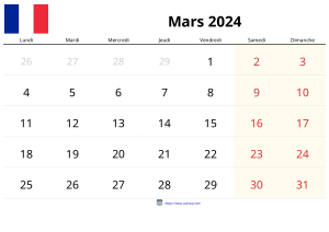 Calendrier Mars 2024